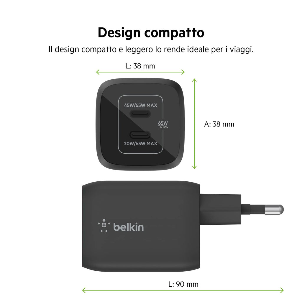 Belkin Doppio caricabatteria da parete USB-C da 65 W, ricarica rapida PD 3.0, caricatore USB C con tecnologia GaN per iPhone 16, 15, 14, 13, 12, Pro, Pro Max, iPad, MacBook, Galaxy S24, S23, S22, Tab - ChargeCover