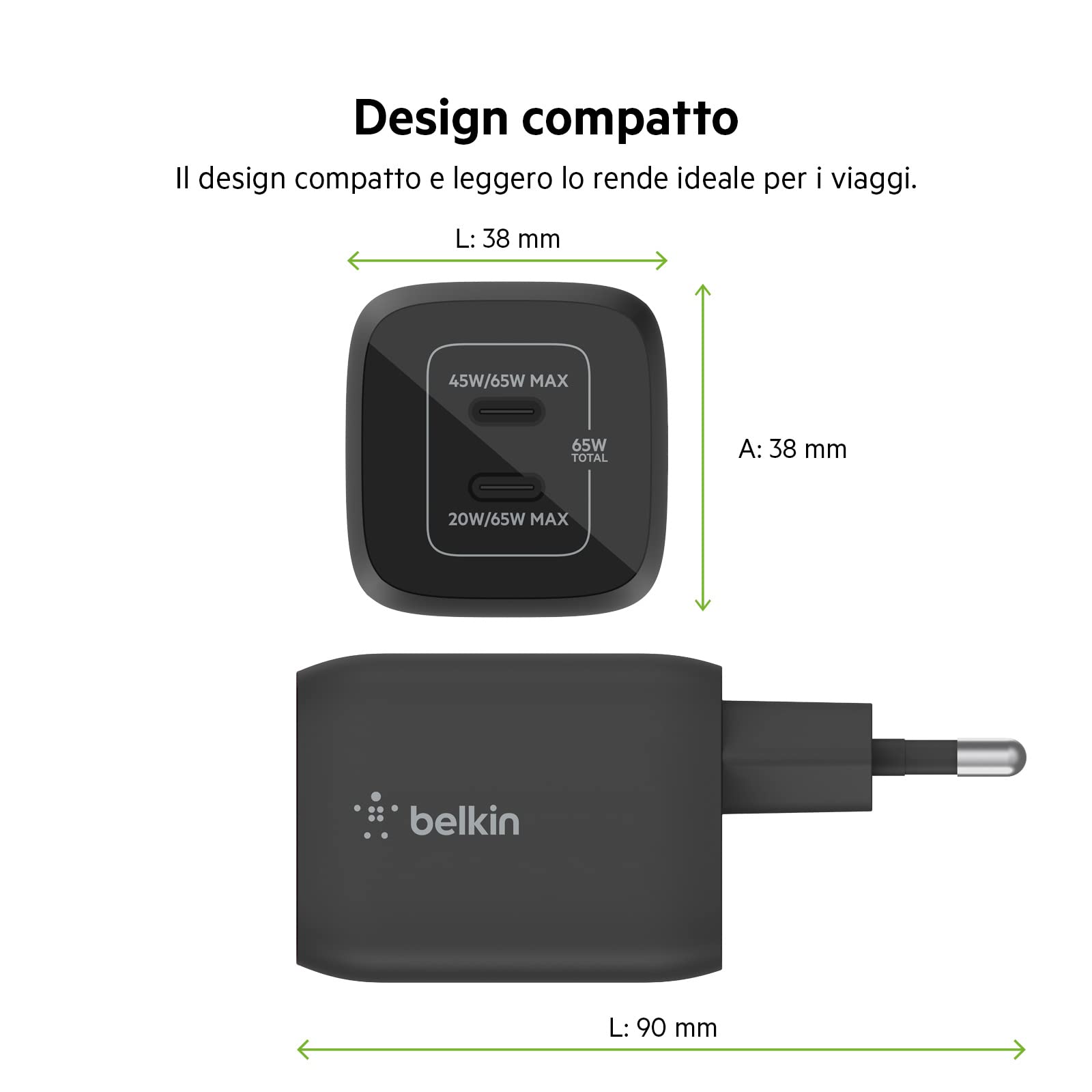 Belkin Doppio caricabatteria da parete USB-C da 65 W, ricarica rapida PD 3.0, caricatore USB C con tecnologia GaN per iPhone 16, 15, 14, 13, 12, Pro, Pro Max, iPad, MacBook, Galaxy S24, S23, S22, Tab - ChargeCover