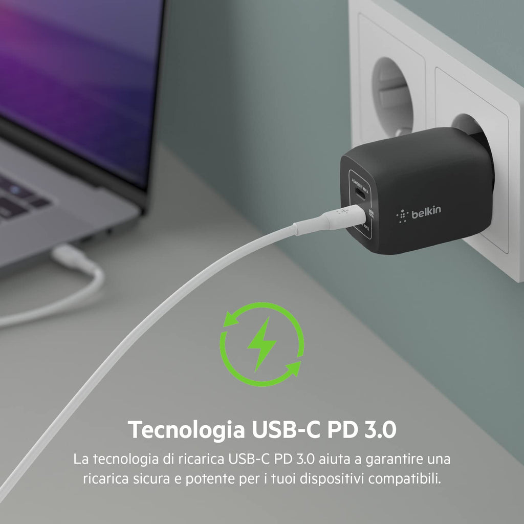 Belkin Doppio caricabatteria da parete USB-C da 65 W, ricarica rapida PD 3.0, caricatore USB C con tecnologia GaN per iPhone 16, 15, 14, 13, 12, Pro, Pro Max, iPad, MacBook, Galaxy S24, S23, S22, Tab - ChargeCover