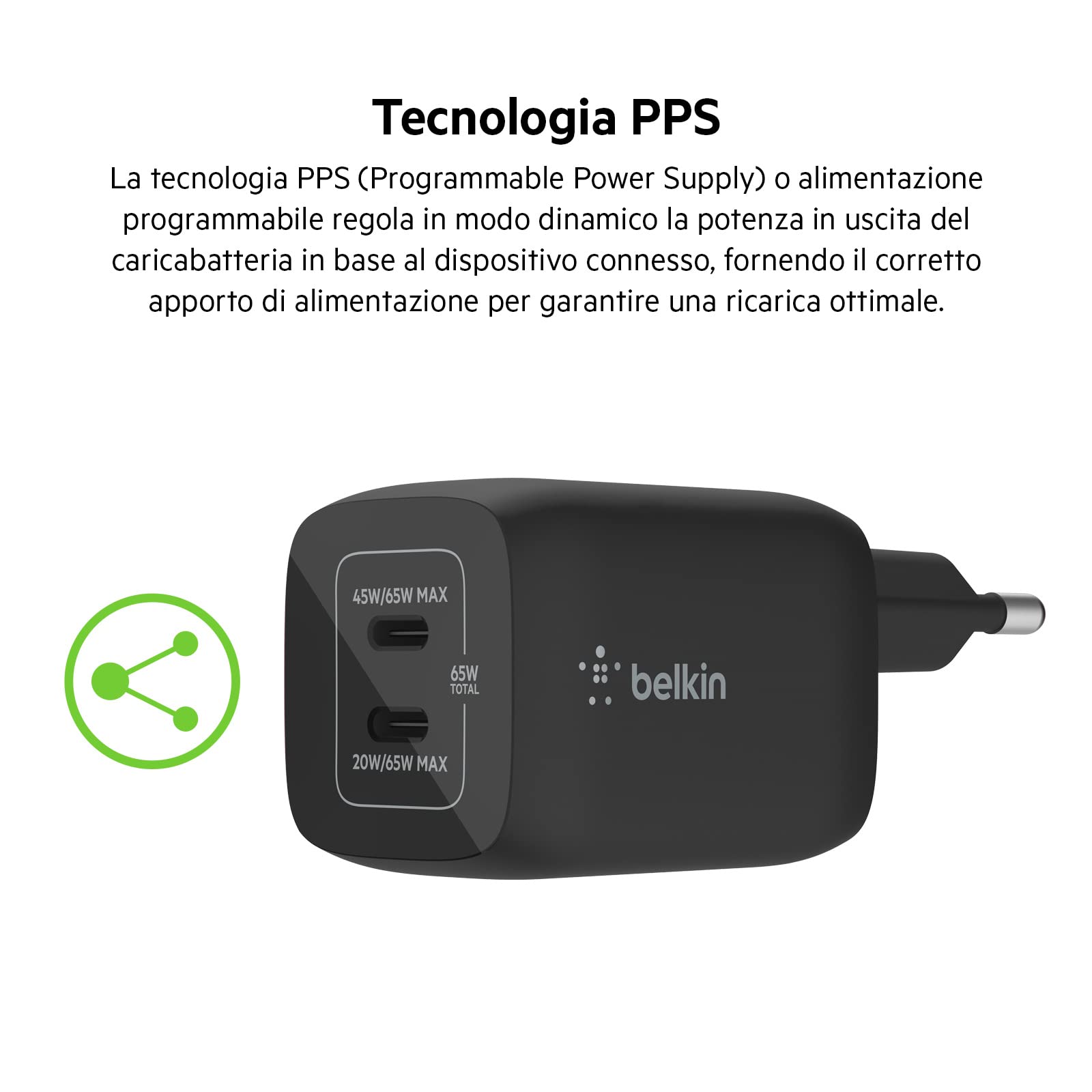 Belkin Doppio caricabatteria da parete USB-C da 65 W, ricarica rapida PD 3.0, caricatore USB C con tecnologia GaN per iPhone 16, 15, 14, 13, 12, Pro, Pro Max, iPad, MacBook, Galaxy S24, S23, S22, Tab - ChargeCover