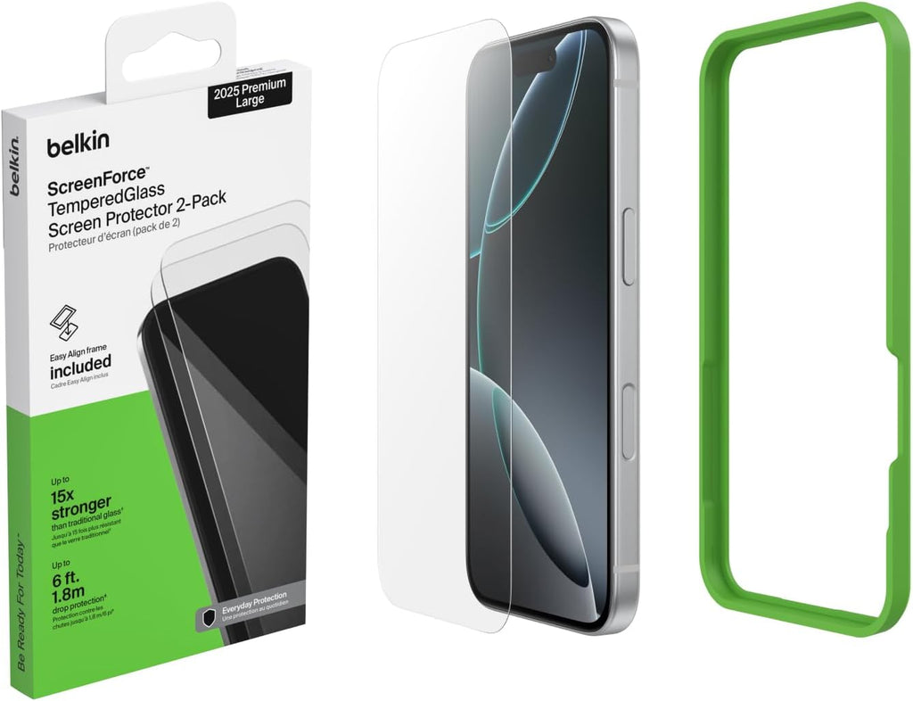 Belkin ScreenForce TemperedGlass Pellicola iPhone 17 Pro Max, Pellicola Protettiva Resistente a Graffi e Impatti, Cornice Easy Align Inclusa per un'Applicazione Senza Bolle, Confezione da 2 - ChargeCover