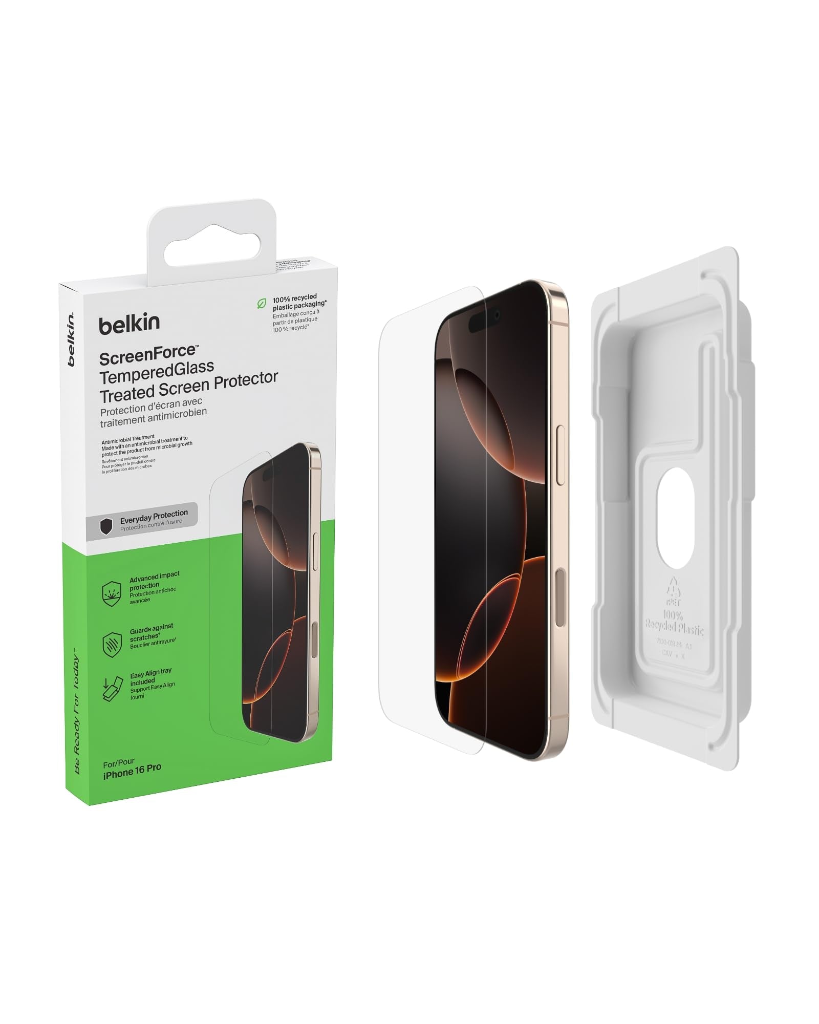 Belkin ScreenForce UltraGlass 2 Pellicola Vetro per iPhone 16 Pro, antigraffio, con durezza di 9H, sottile, include un supporto di allineamento, senza bolle, pellicola protettiva per iPhone 16 Pro - ChargeCover