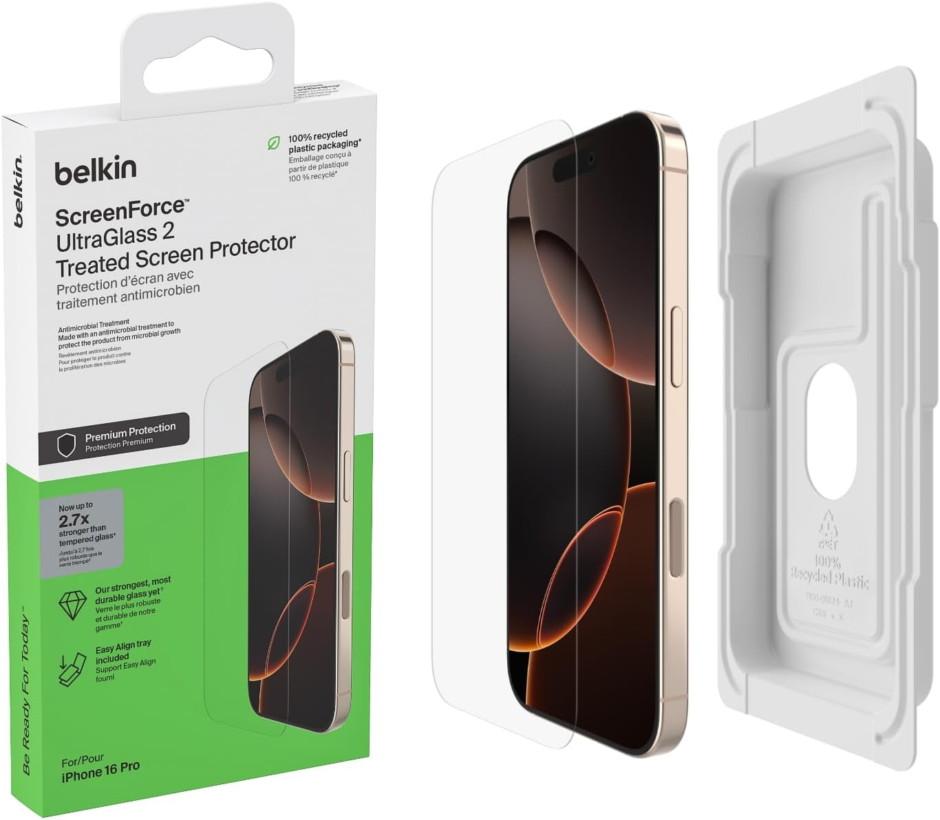 Belkin ScreenForce UltraGlass 2 Pellicola Vetro per iPhone 16 Pro, antigraffio, con durezza di 9H, sottile, include un supporto di allineamento, senza bolle, pellicola protettiva per iPhone 16 Pro - ChargeCover
