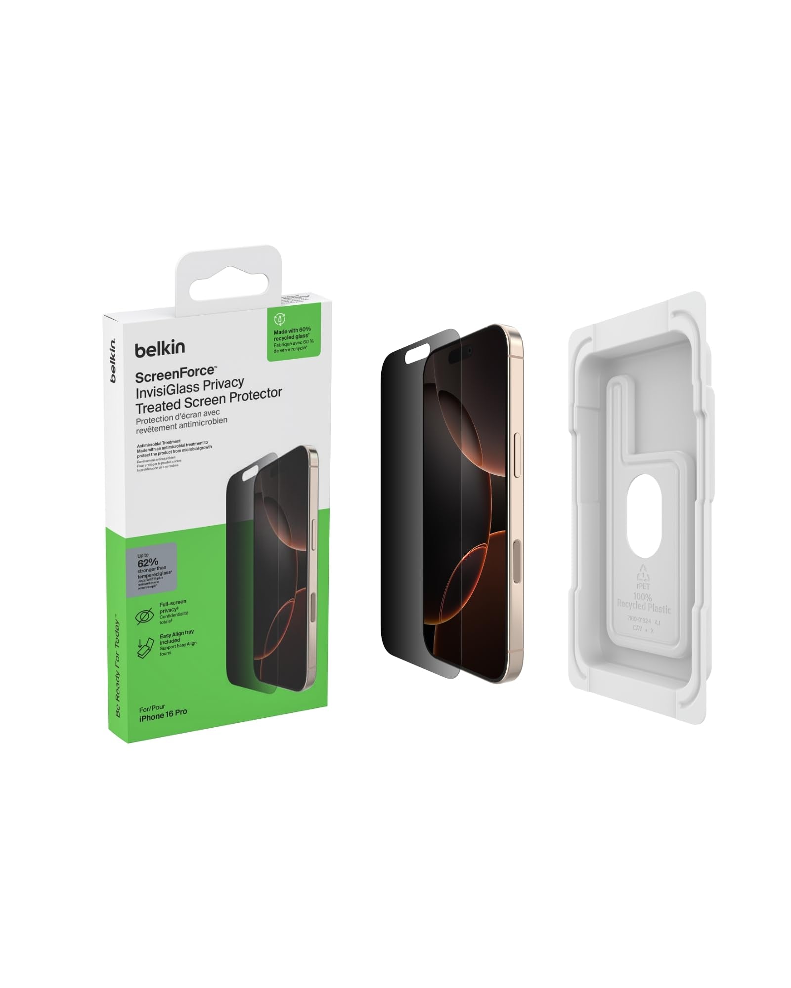 Belkin ScreenForce UltraGlass 2 Pellicola Vetro per iPhone 16 Pro, antigraffio, con durezza di 9H, sottile, include un supporto di allineamento, senza bolle, pellicola protettiva per iPhone 16 Pro - ChargeCover