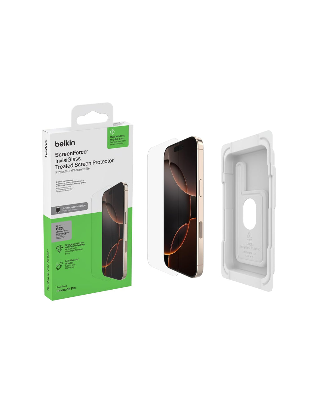 Belkin ScreenForce UltraGlass 2 Pellicola Vetro per iPhone 16 Pro, antigraffio, con durezza di 9H, sottile, include un supporto di allineamento, senza bolle, pellicola protettiva per iPhone 16 Pro - ChargeCover