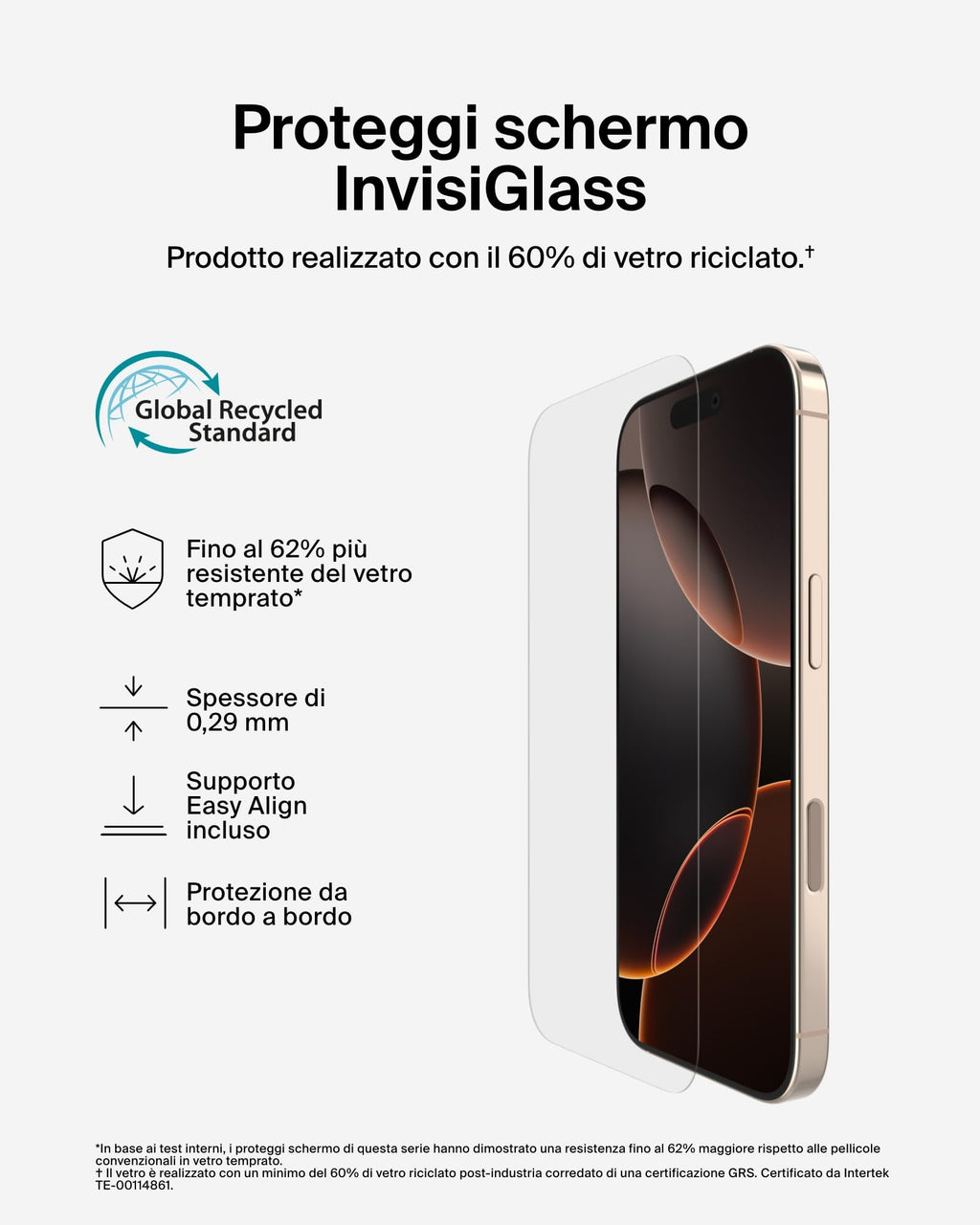 Belkin ScreenForce UltraGlass 2 Pellicola Vetro per iPhone 16 Pro, antigraffio, con durezza di 9H, sottile, include un supporto di allineamento, senza bolle, pellicola protettiva per iPhone 16 Pro - ChargeCover