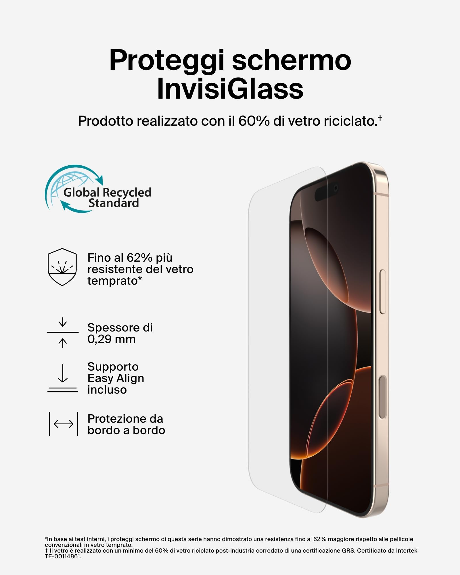 Belkin ScreenForce UltraGlass 2 Pellicola Vetro per iPhone 16 Pro, antigraffio, con durezza di 9H, sottile, include un supporto di allineamento, senza bolle, pellicola protettiva per iPhone 16 Pro - ChargeCover