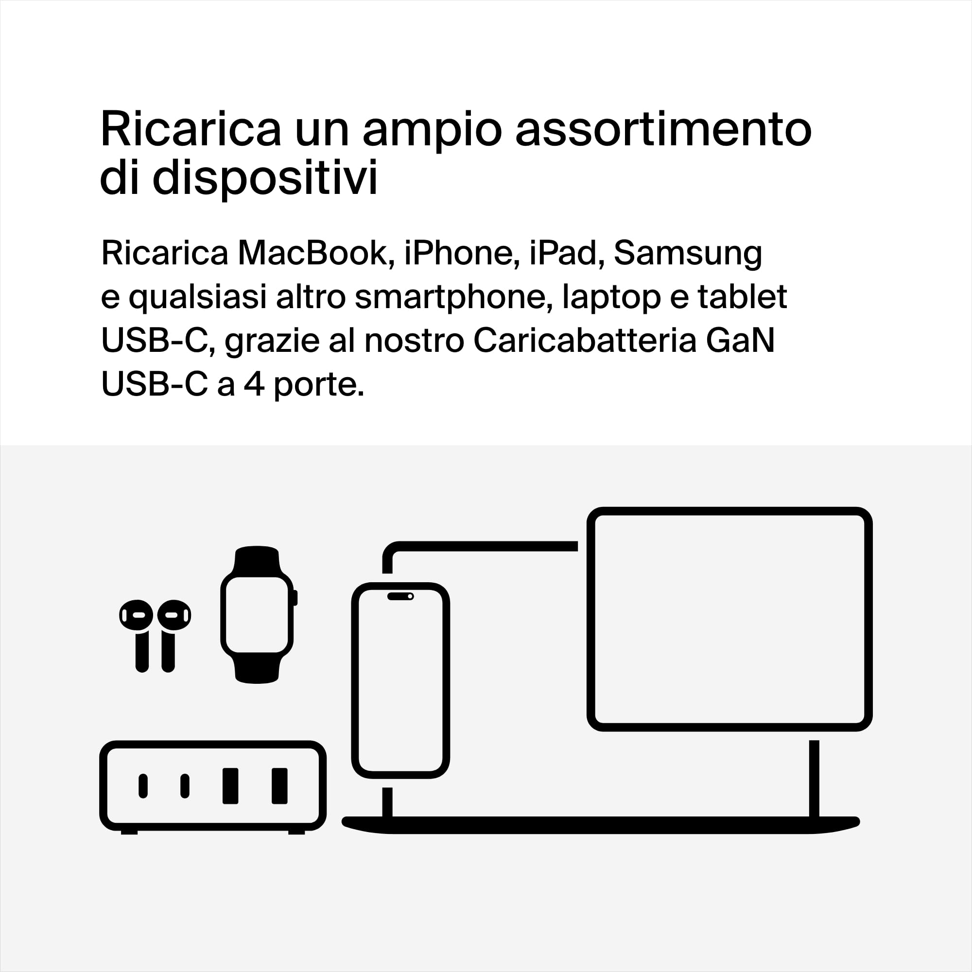 Belkin Stazione di ricarica multi dispositivo USB GaN da 108 W, hub da tavolo per ricarica rapida, 2 USB Type-C, 2 USB-A per iPhone, MacBook, Pro, Air, iPad Pro, Air, Samsung Galaxy, Pixel e altri - ChargeCover