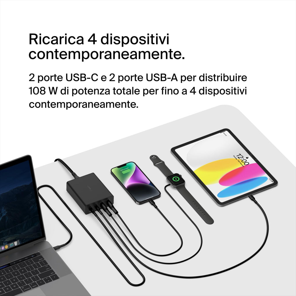 Belkin Stazione di ricarica multi dispositivo USB GaN da 108 W, hub da tavolo per ricarica rapida, 2 USB Type-C, 2 USB-A per iPhone, MacBook, Pro, Air, iPad Pro, Air, Samsung Galaxy, Pixel e altri - ChargeCover