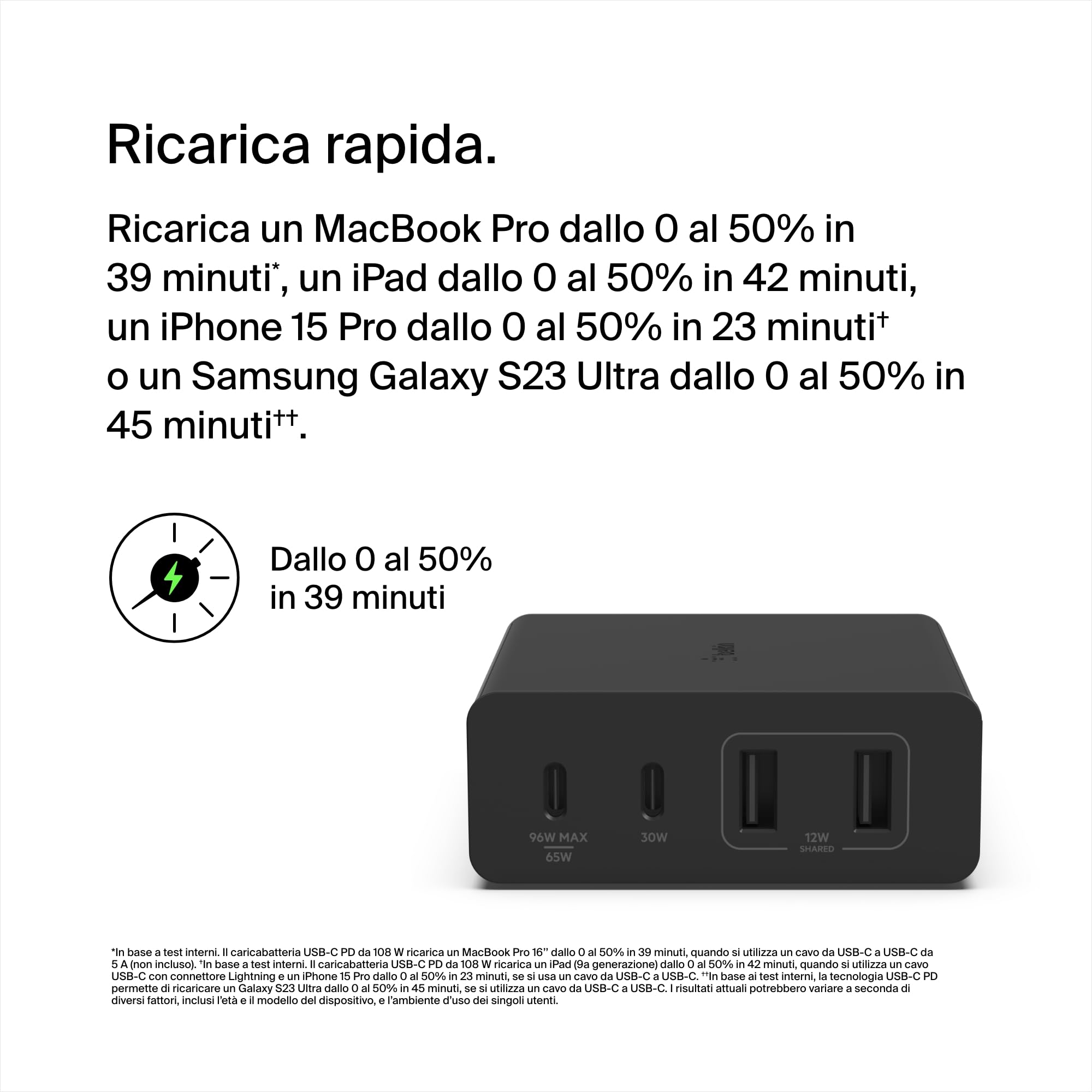 Belkin Stazione di ricarica multi dispositivo USB GaN da 108 W, hub da tavolo per ricarica rapida, 2 USB Type-C, 2 USB-A per iPhone, MacBook, Pro, Air, iPad Pro, Air, Samsung Galaxy, Pixel e altri - ChargeCover