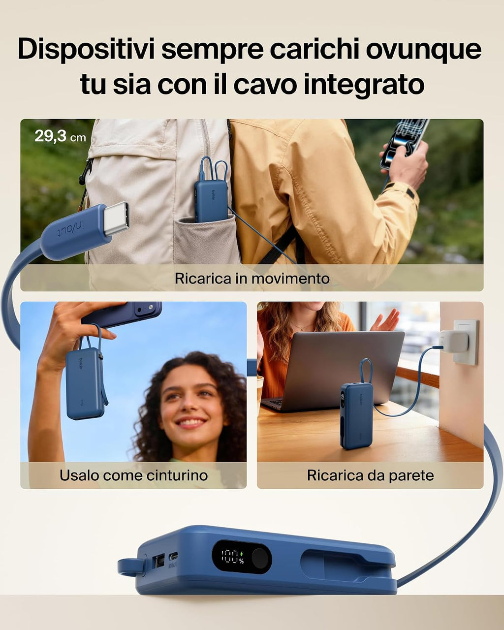 Belkin UltraCharge Power Bank 10000mAh con Cavo USB-C e Display - Blu | Caricatore Portatile 10000mAh, Ricarica 3 dispositivi (1 USB-C, Cavo USB-C Integrato, 1 USB-A), 45W, Pre-Caricato, Display - ChargeCover