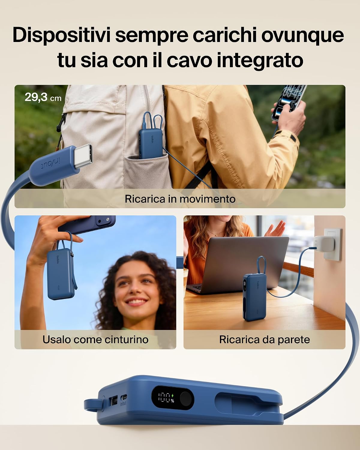 Belkin UltraCharge Power Bank 10000mAh con Cavo USB-C e Display - Blu | Caricatore Portatile 10000mAh, Ricarica 3 dispositivi (1 USB-C, Cavo USB-C Integrato, 1 USB-A), 45W, Pre-Caricato, Display - ChargeCover