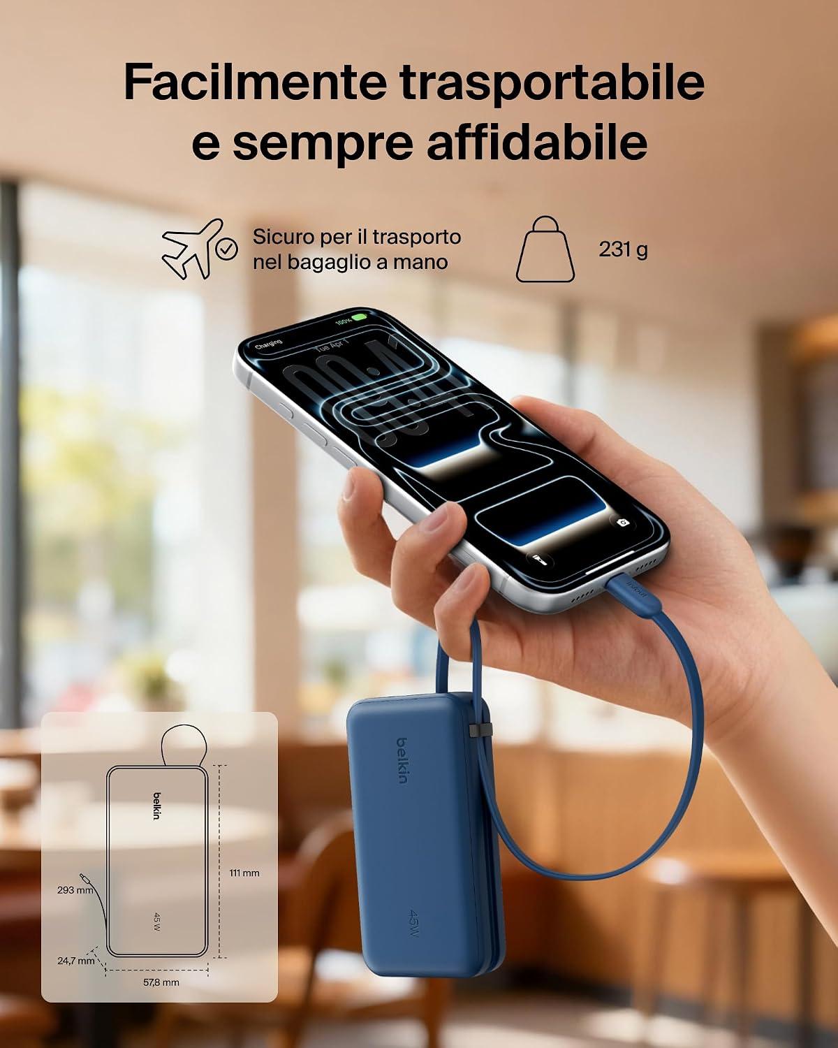 Belkin UltraCharge Power Bank 10000mAh con Cavo USB-C e Display - Blu | Caricatore Portatile 10000mAh, Ricarica 3 dispositivi (1 USB-C, Cavo USB-C Integrato, 1 USB-A), 45W, Pre-Caricato, Display - ChargeCover