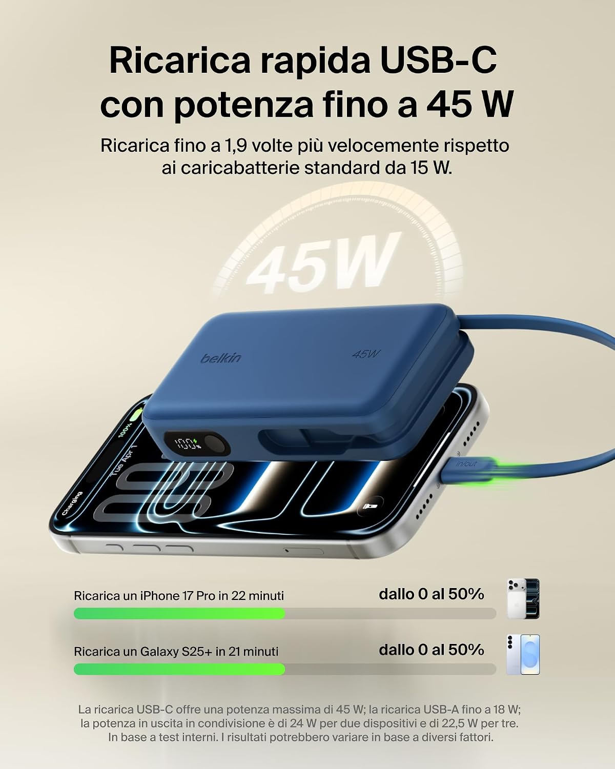 Belkin UltraCharge Power Bank 10000mAh con Cavo USB-C e Display - Blu | Caricatore Portatile 10000mAh, Ricarica 3 dispositivi (1 USB-C, Cavo USB-C Integrato, 1 USB-A), 45W, Pre-Caricato, Display - ChargeCover