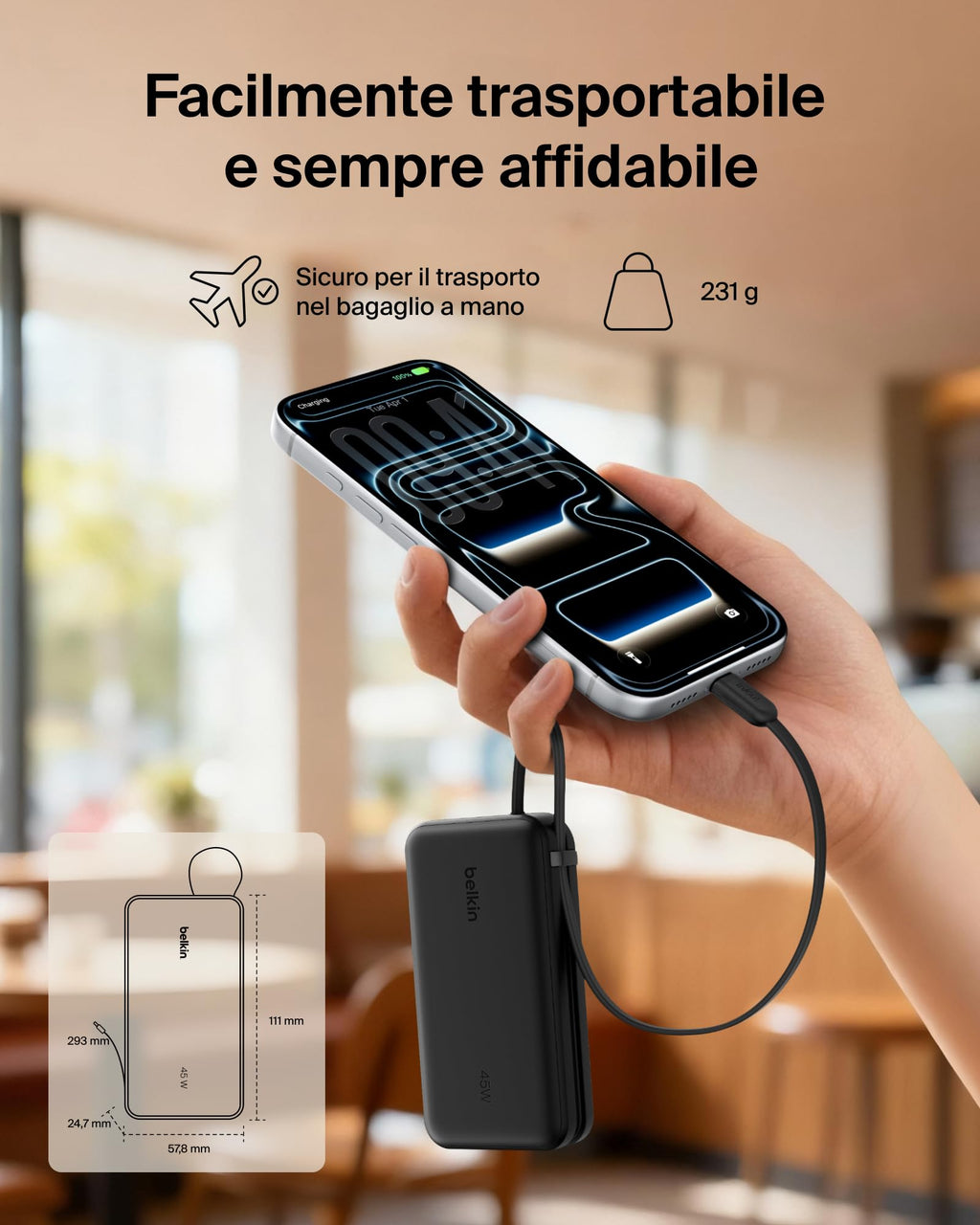 Belkin UltraCharge Power Bank 10000mAh con Cavo USB-C e Display - Blu | Caricatore Portatile 10000mAh, Ricarica 3 dispositivi (1 USB-C, Cavo USB-C Integrato, 1 USB-A), 45W, Pre-Caricato, Display - ChargeCover