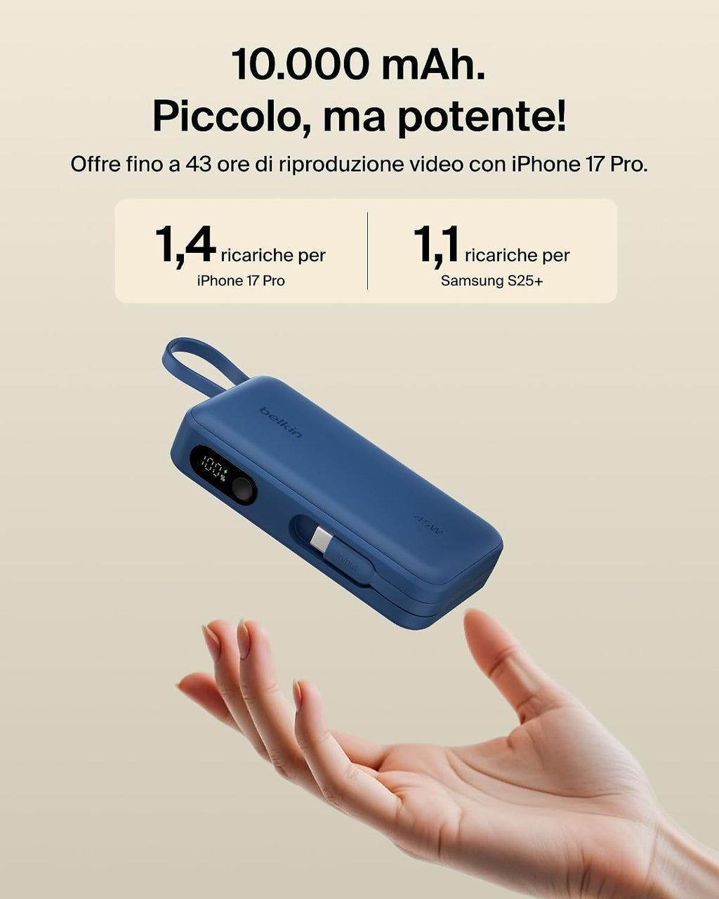 Belkin UltraCharge Power Bank 10000mAh con Cavo USB-C e Display - Blu | Caricatore Portatile 10000mAh, Ricarica 3 dispositivi (1 USB-C, Cavo USB-C Integrato, 1 USB-A), 45W, Pre-Caricato, Display - ChargeCover