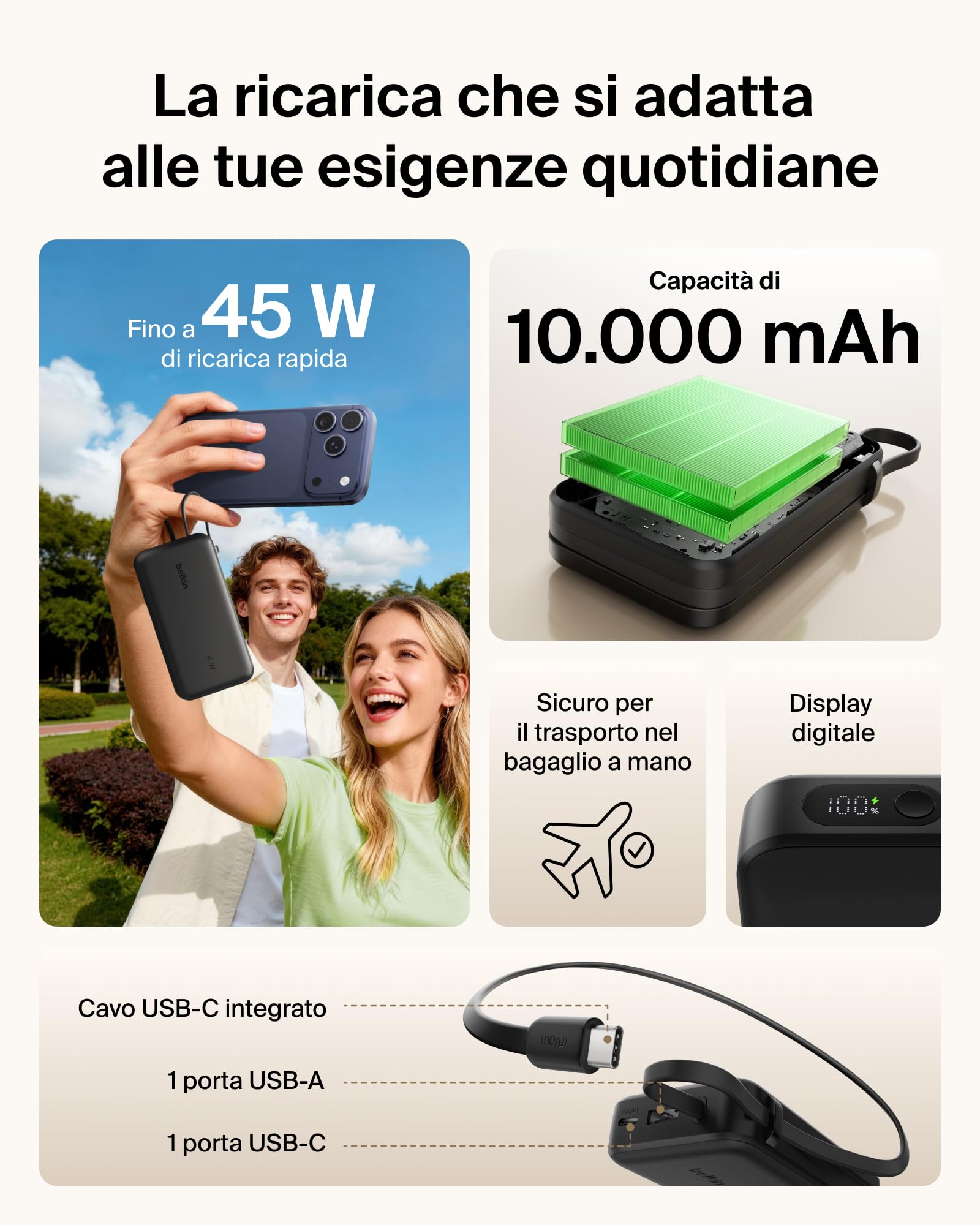 Belkin UltraCharge Power Bank 10000mAh con Cavo USB-C e Display - Blu | Caricatore Portatile 10000mAh, Ricarica 3 dispositivi (1 USB-C, Cavo USB-C Integrato, 1 USB-A), 45W, Pre-Caricato, Display - ChargeCover