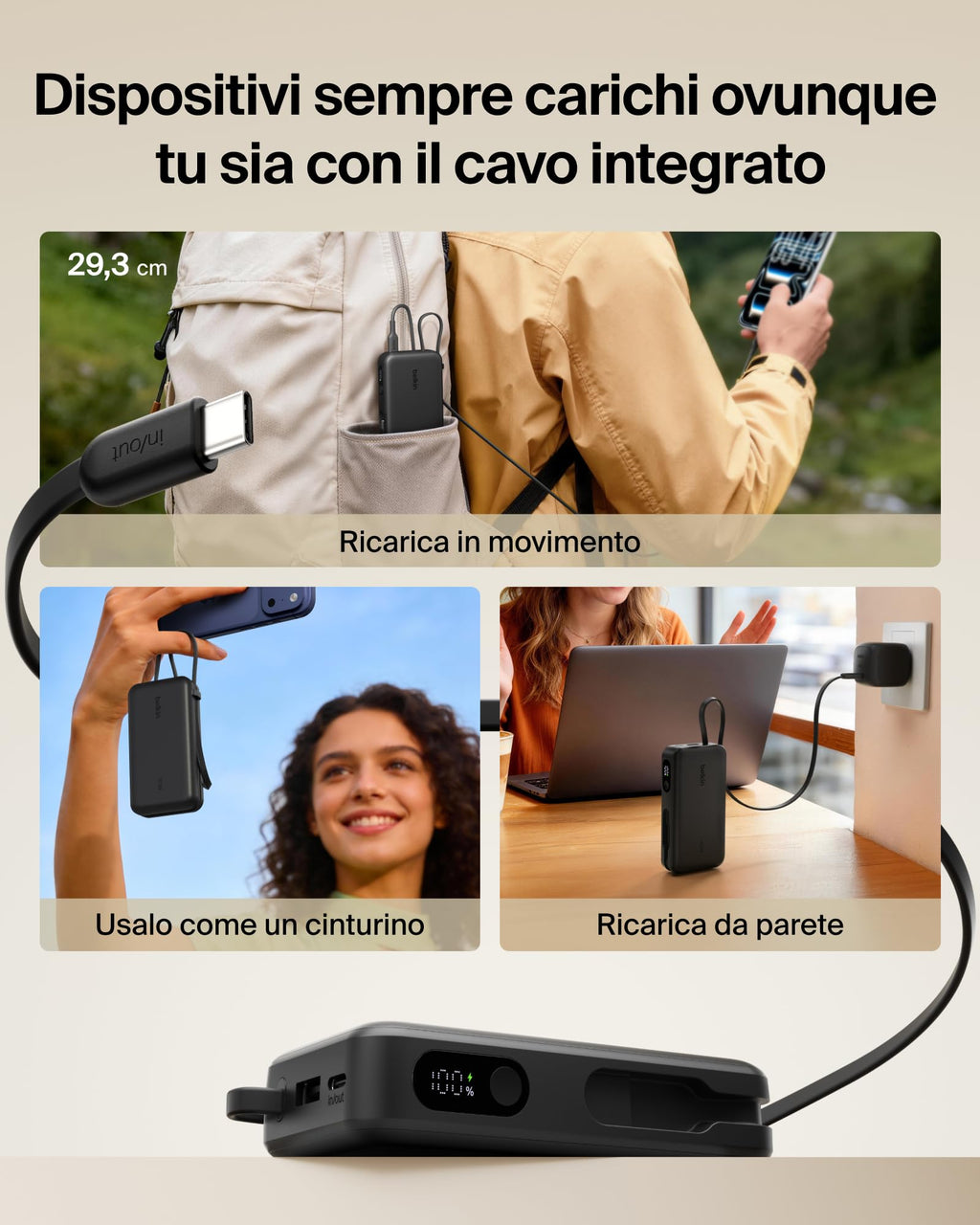 Belkin UltraCharge Power Bank 10000mAh con Cavo USB-C e Display - Blu | Caricatore Portatile 10000mAh, Ricarica 3 dispositivi (1 USB-C, Cavo USB-C Integrato, 1 USB-A), 45W, Pre-Caricato, Display - ChargeCover