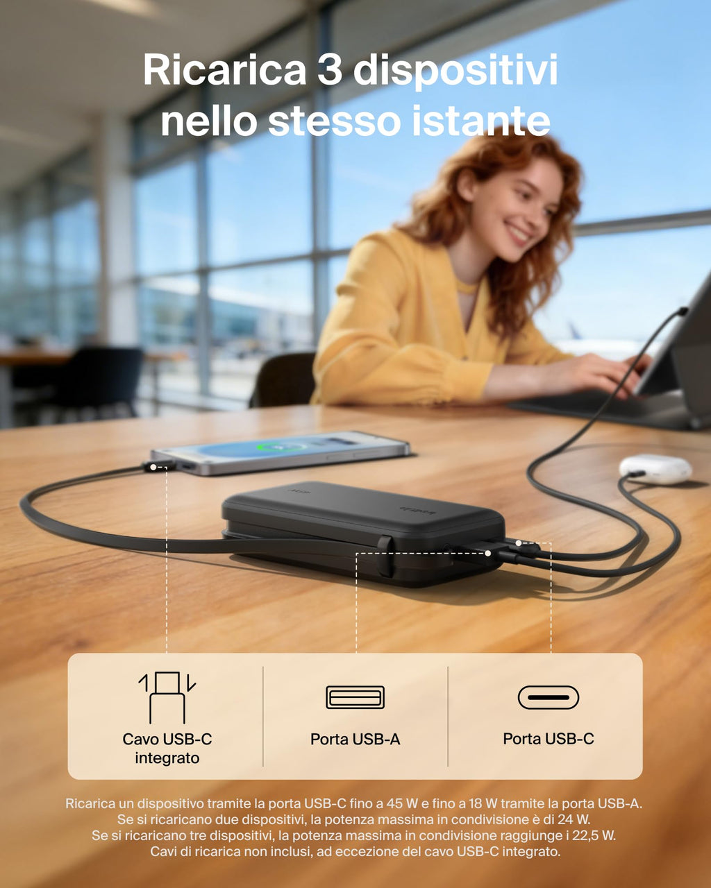 Belkin UltraCharge Power Bank 10000mAh con Cavo USB-C e Display - Blu | Caricatore Portatile 10000mAh, Ricarica 3 dispositivi (1 USB-C, Cavo USB-C Integrato, 1 USB-A), 45W, Pre-Caricato, Display - ChargeCover