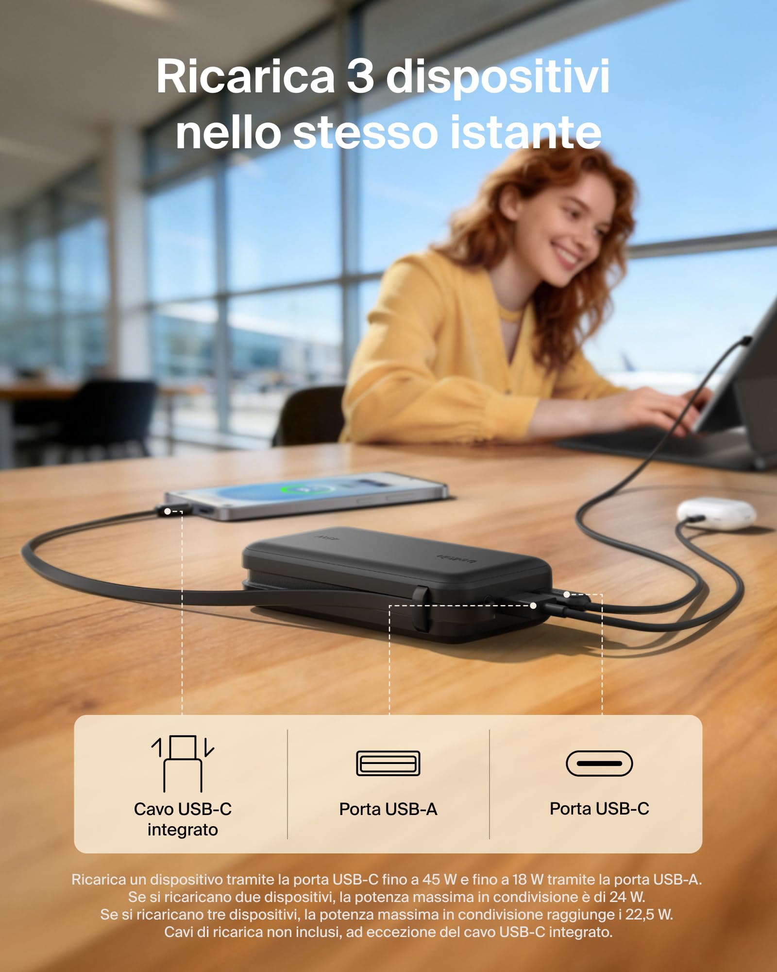Belkin UltraCharge Power Bank 10000mAh con Cavo USB-C e Display - Blu | Caricatore Portatile 10000mAh, Ricarica 3 dispositivi (1 USB-C, Cavo USB-C Integrato, 1 USB-A), 45W, Pre-Caricato, Display - ChargeCover