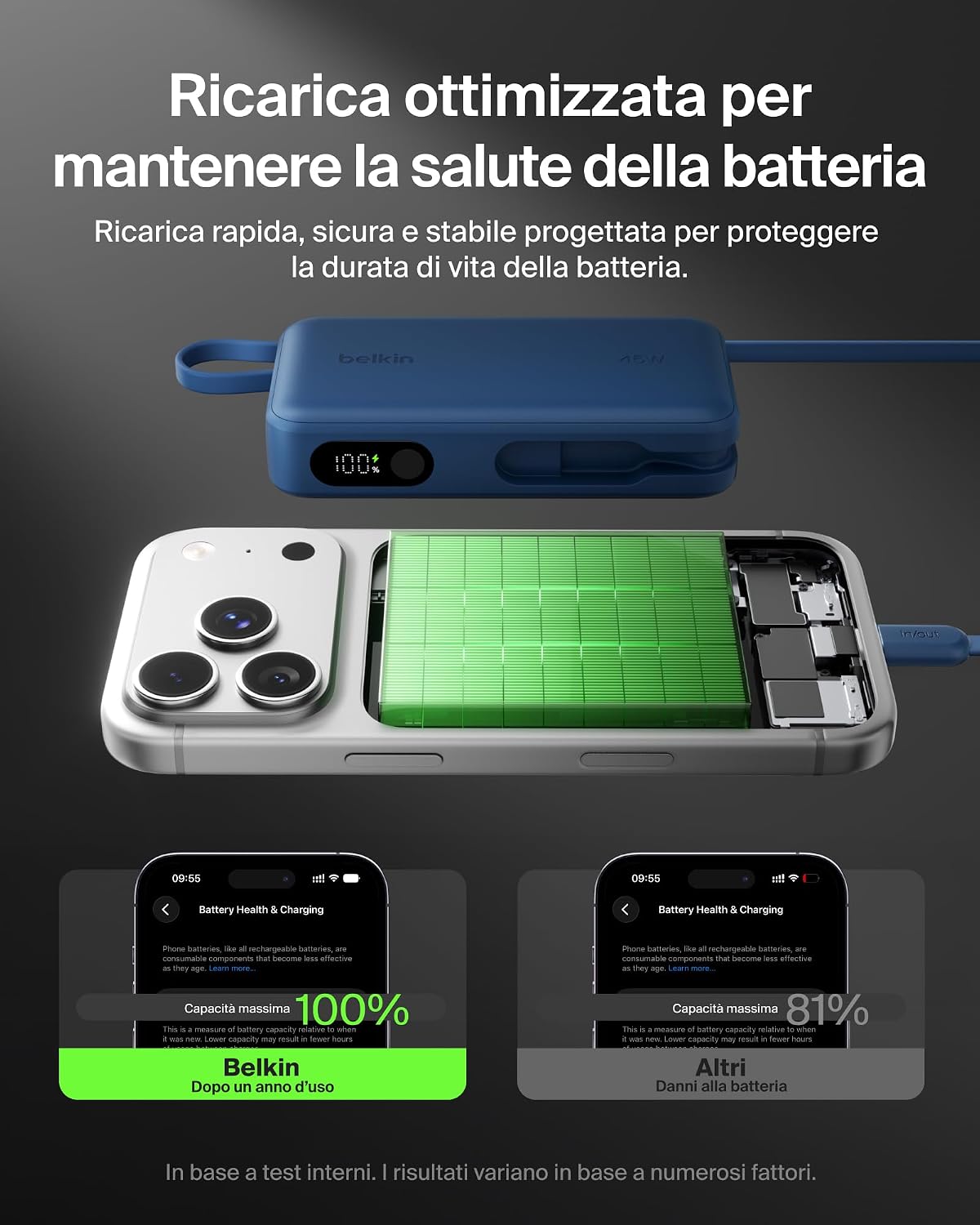 Belkin UltraCharge Power Bank 10000mAh con Cavo USB-C e Display - Blu | Caricatore Portatile 10000mAh, Ricarica 3 dispositivi (1 USB-C, Cavo USB-C Integrato, 1 USB-A), 45W, Pre-Caricato, Display - ChargeCover