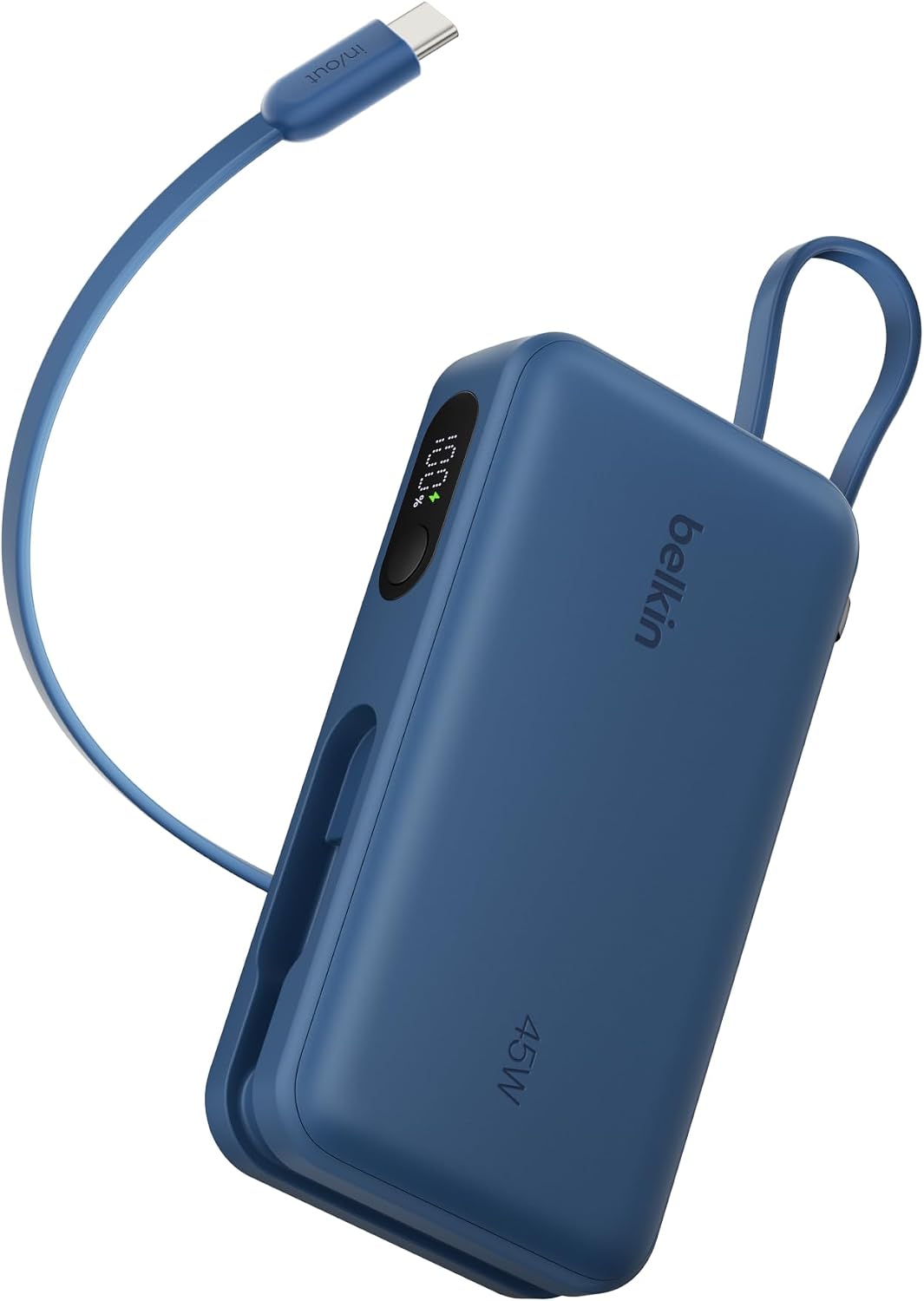 Belkin UltraCharge Power Bank 10000mAh con Cavo USB-C e Display - Blu | Caricatore Portatile 10000mAh, Ricarica 3 dispositivi (1 USB-C, Cavo USB-C Integrato, 1 USB-A), 45W, Pre-Caricato, Display - ChargeCover