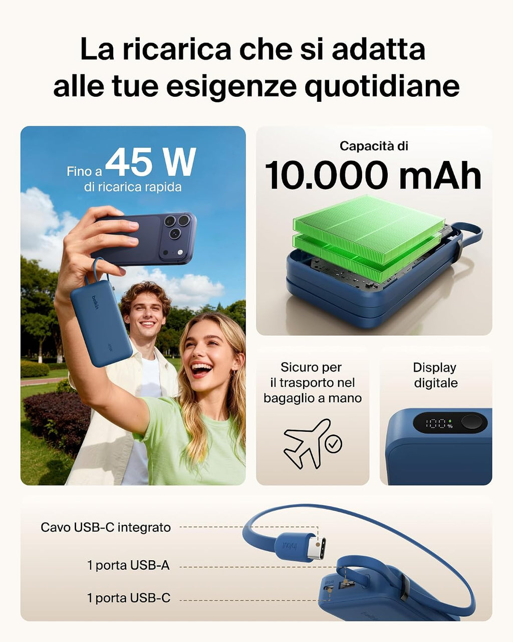 Belkin UltraCharge Power Bank 10000mAh con Cavo USB-C e Display - Blu | Caricatore Portatile 10000mAh, Ricarica 3 dispositivi (1 USB-C, Cavo USB-C Integrato, 1 USB-A), 45W, Pre-Caricato, Display - ChargeCover