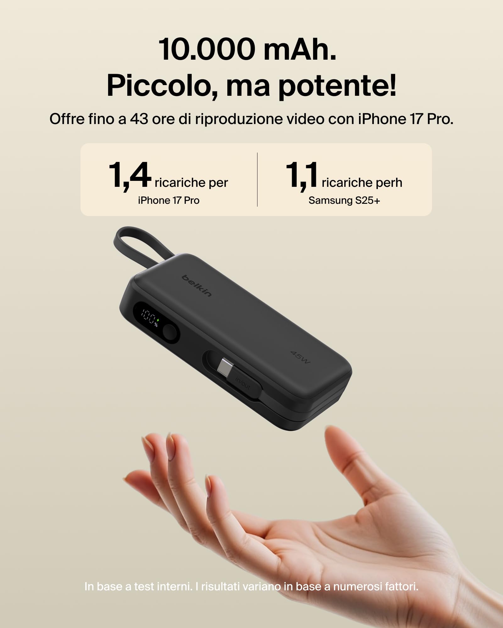 Belkin UltraCharge Power Bank 10000mAh con Cavo USB-C e Display - Blu | Caricatore Portatile 10000mAh, Ricarica 3 dispositivi (1 USB-C, Cavo USB-C Integrato, 1 USB-A), 45W, Pre-Caricato, Display - ChargeCover