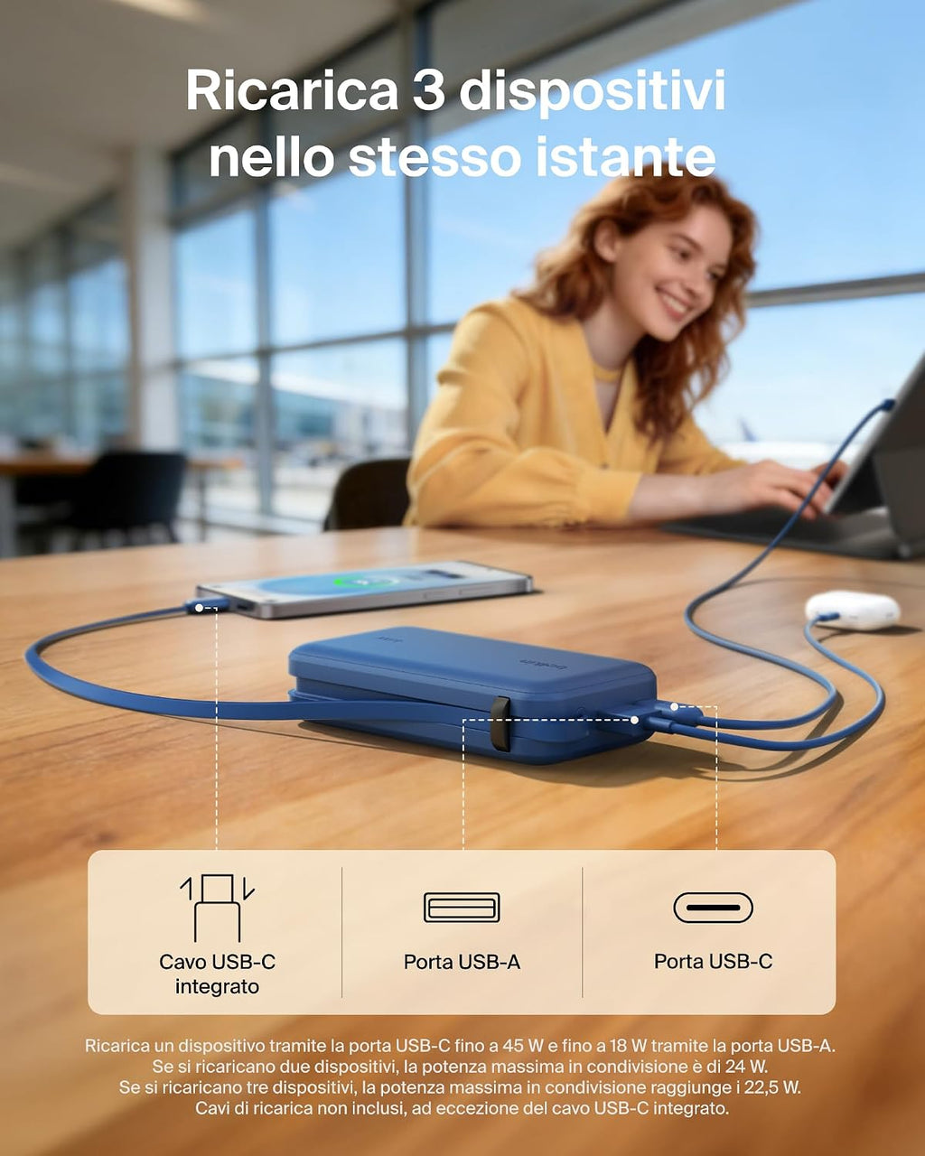 Belkin UltraCharge Power Bank 10000mAh con Cavo USB-C e Display - Blu | Caricatore Portatile 10000mAh, Ricarica 3 dispositivi (1 USB-C, Cavo USB-C Integrato, 1 USB-A), 45W, Pre-Caricato, Display - ChargeCover