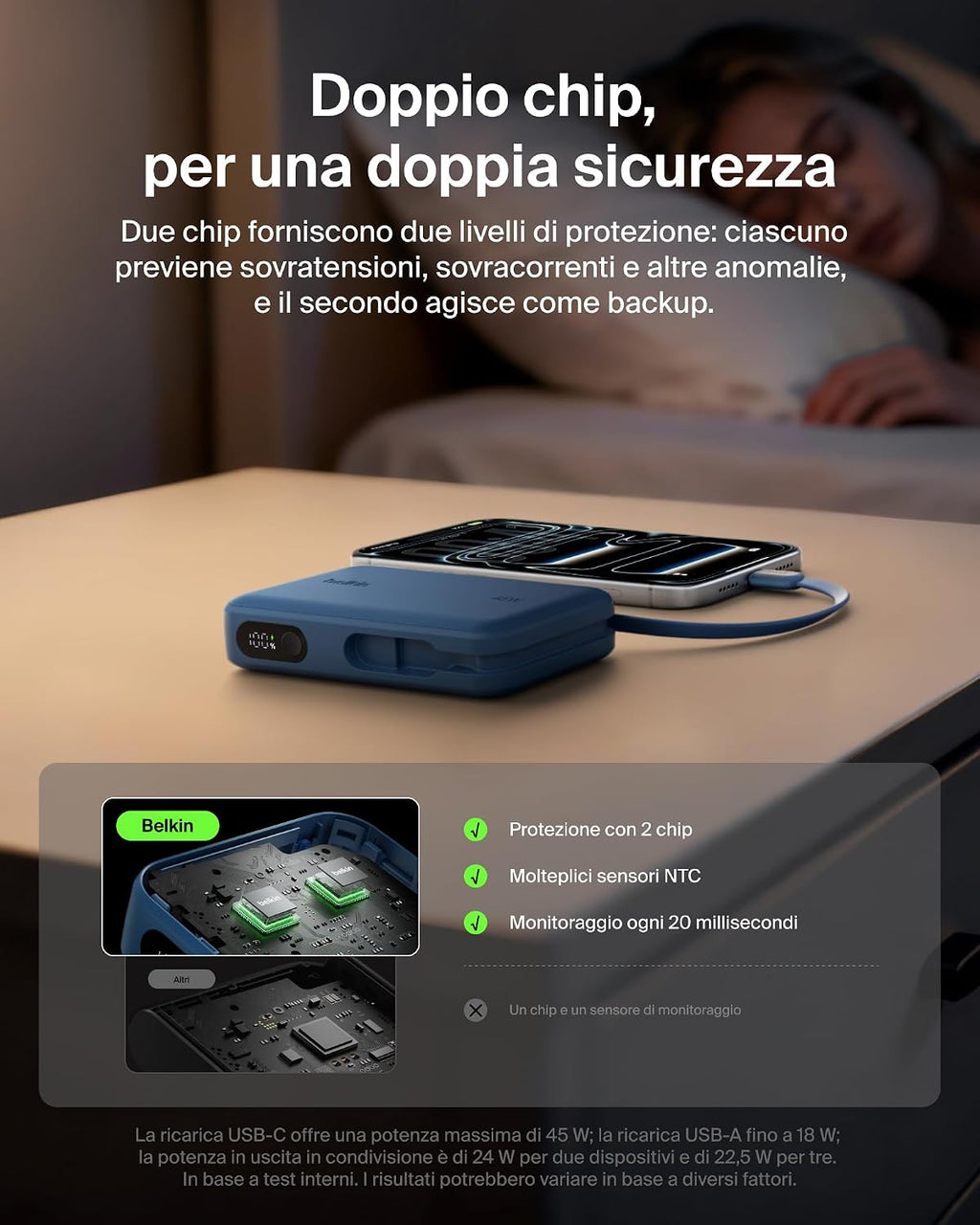 Belkin UltraCharge Power Bank 10000mAh con Cavo USB-C e Display - Blu | Caricatore Portatile 10000mAh, Ricarica 3 dispositivi (1 USB-C, Cavo USB-C Integrato, 1 USB-A), 45W, Pre-Caricato, Display - ChargeCover