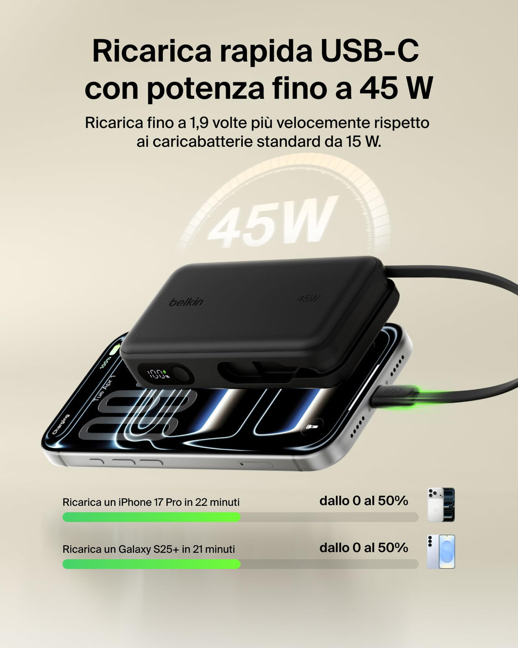 Belkin UltraCharge Power Bank 10000mAh con Cavo USB-C e Display - Blu | Caricatore Portatile 10000mAh, Ricarica 3 dispositivi (1 USB-C, Cavo USB-C Integrato, 1 USB-A), 45W, Pre-Caricato, Display - ChargeCover