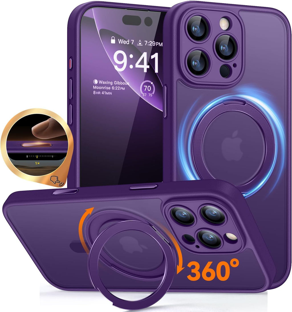 CANSHN Cover per iPhone 16 Pro(6.3"),[Camera Control] Supporto Magnetico Anello a 360°, [Protezione Completa Della Fotocamera], Custodia Traslucida Opaca Protettiva Sottile Antiurto,Viola Profondo - ChargeCover