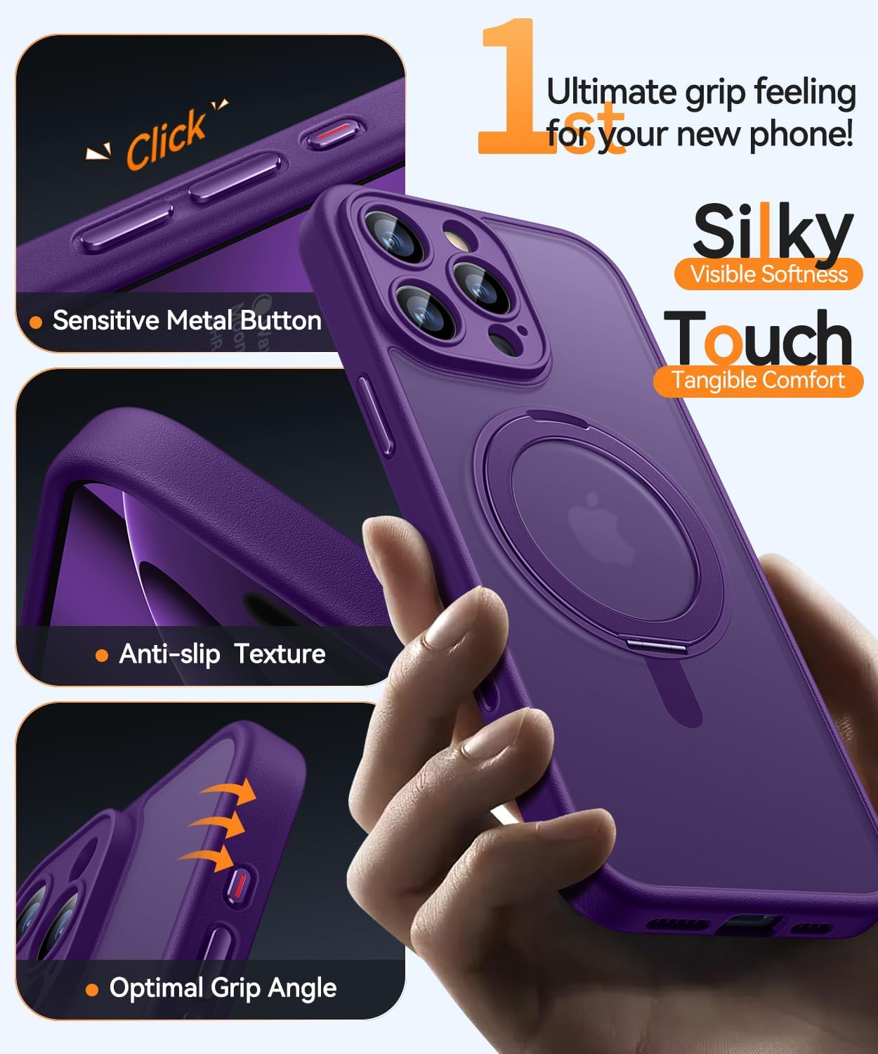 CANSHN Cover per iPhone 16 Pro(6.3"),[Camera Control] Supporto Magnetico Anello a 360°, [Protezione Completa Della Fotocamera], Custodia Traslucida Opaca Protettiva Sottile Antiurto,Viola Profondo - ChargeCover