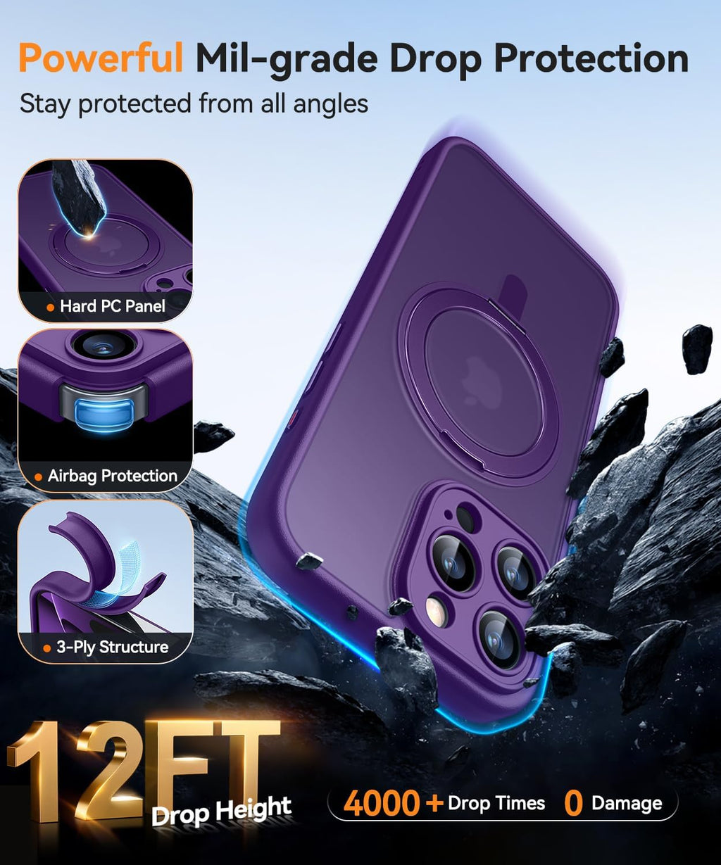 CANSHN Cover per iPhone 16 Pro(6.3"),[Camera Control] Supporto Magnetico Anello a 360°, [Protezione Completa Della Fotocamera], Custodia Traslucida Opaca Protettiva Sottile Antiurto,Viola Profondo - ChargeCover