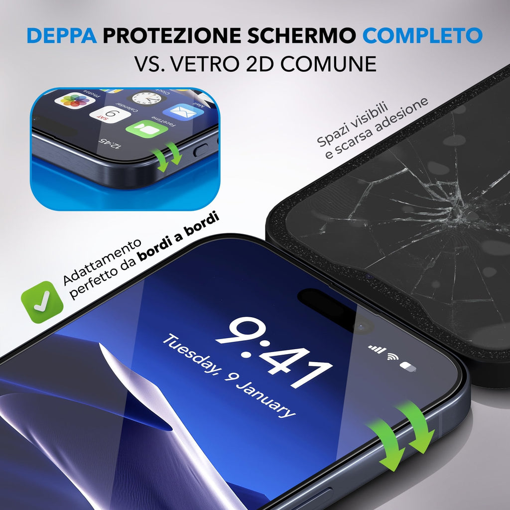 Deppa | 2 Pezzi | Pellicola Protettiva per iPhone 16, iPhone 15 (6.1") | Vetro Temperato Ultra Resistente con Kit di Installazione Facile | Copertura Totale, Senza Bolle - ChargeCover