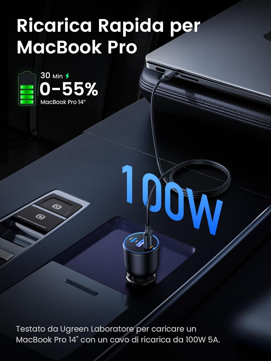 UGREEN 130W Caricatore Auto USB C 3 Porte Accendisigari USB C 100W | Caricabatterie Accendisigari PD QC 3.0 Ricarica Rapida Compatibile con iPhone 17 16 15 MacBook M5 M4 M3 M2 M1 iPad Galaxy S26 - ChargeCover