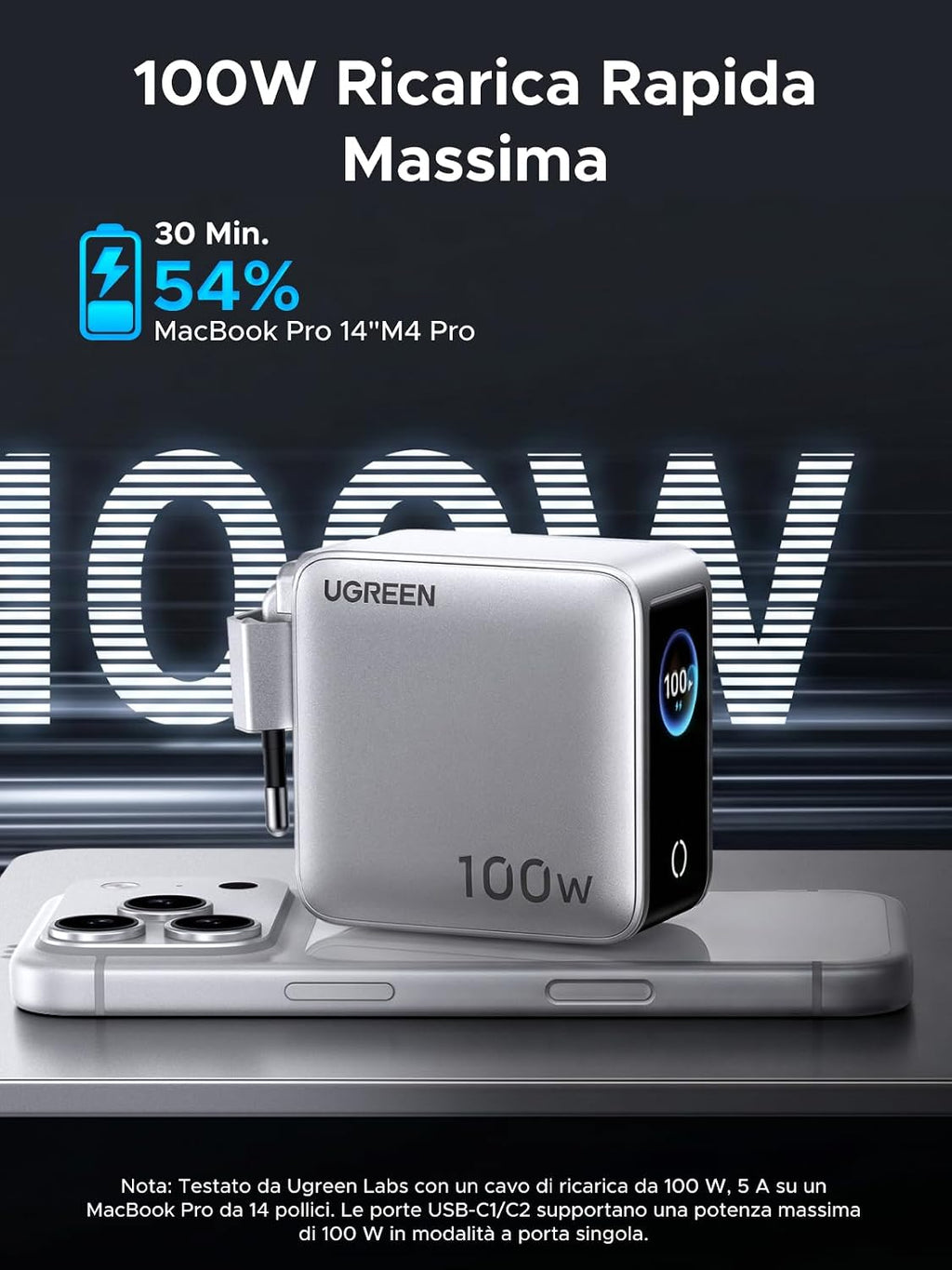 UGREEN Nexode Pro 100W Caricatore USB C Ricarica Rapido Schermo TFT | 4 Porte, PD 3.0, PPS 45W, Compatibile con Galaxy S26/ S25 Ultra MacBook iPad, iPhone 17 Pro Max Air 16 15 14 13 Steam Deck - ChargeCover