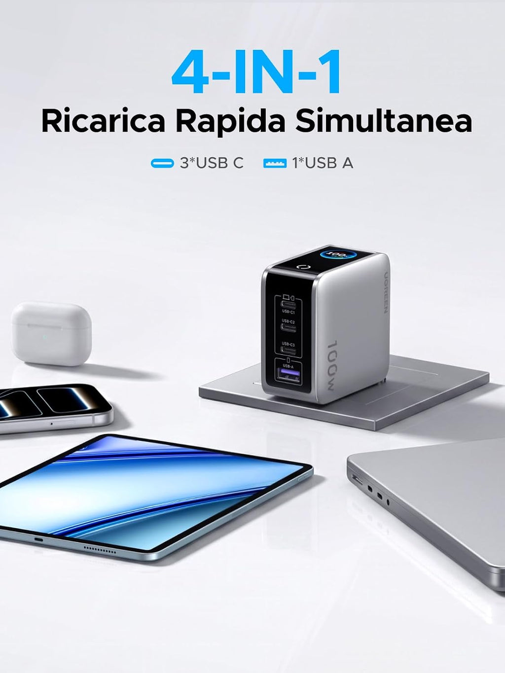 UGREEN Nexode Pro 100W Caricatore USB C Ricarica Rapido Schermo TFT | 4 Porte, PD 3.0, PPS 45W, Compatibile con Galaxy S26/ S25 Ultra MacBook iPad, iPhone 17 Pro Max Air 16 15 14 13 Steam Deck - ChargeCover