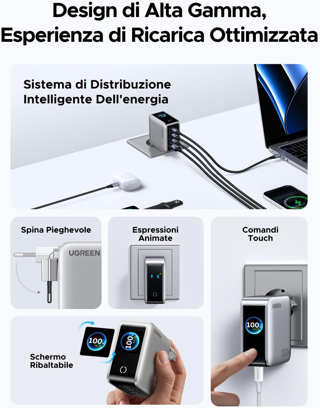 UGREEN Nexode Pro 100W Caricatore USB C Ricarica Rapido Schermo TFT | 4 Porte, PD 3.0, PPS 45W, Compatibile con Galaxy S26/ S25 Ultra MacBook iPad, iPhone 17 Pro Max Air 16 15 14 13 Steam Deck - ChargeCover