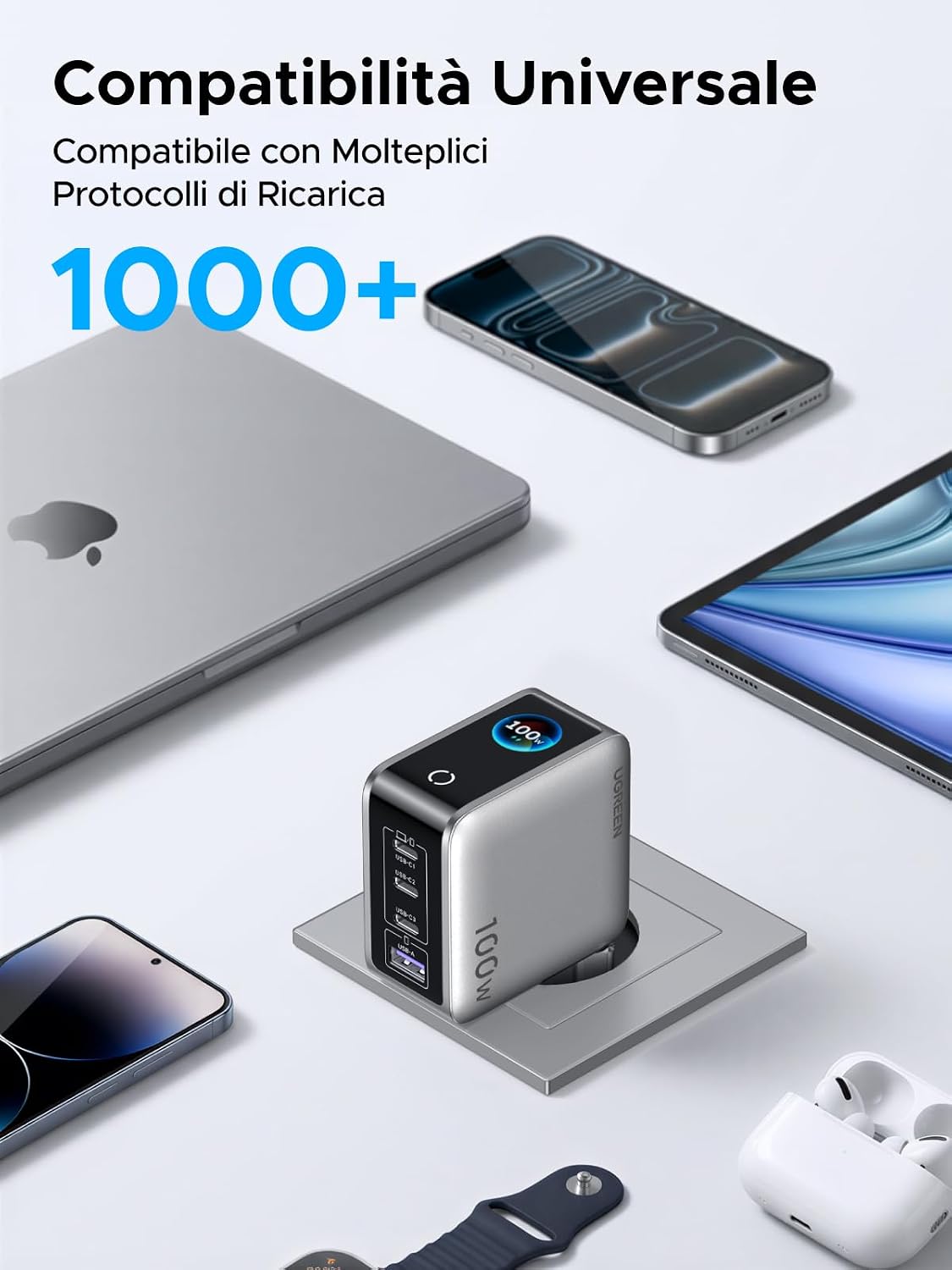 UGREEN Nexode Pro 100W Caricatore USB C Ricarica Rapido Schermo TFT | 4 Porte, PD 3.0, PPS 45W, Compatibile con Galaxy S26/ S25 Ultra MacBook iPad, iPhone 17 Pro Max Air 16 15 14 13 Steam Deck - ChargeCover