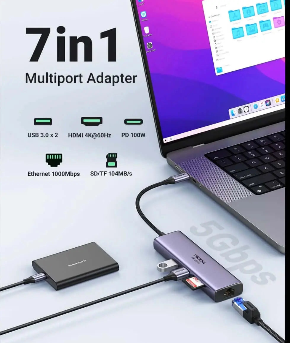 Hub USB-C 7-in-1 UGREEN con porta HDMI 4K 60Hz, collegato a dispositivi elettronici e accessori di gioco.