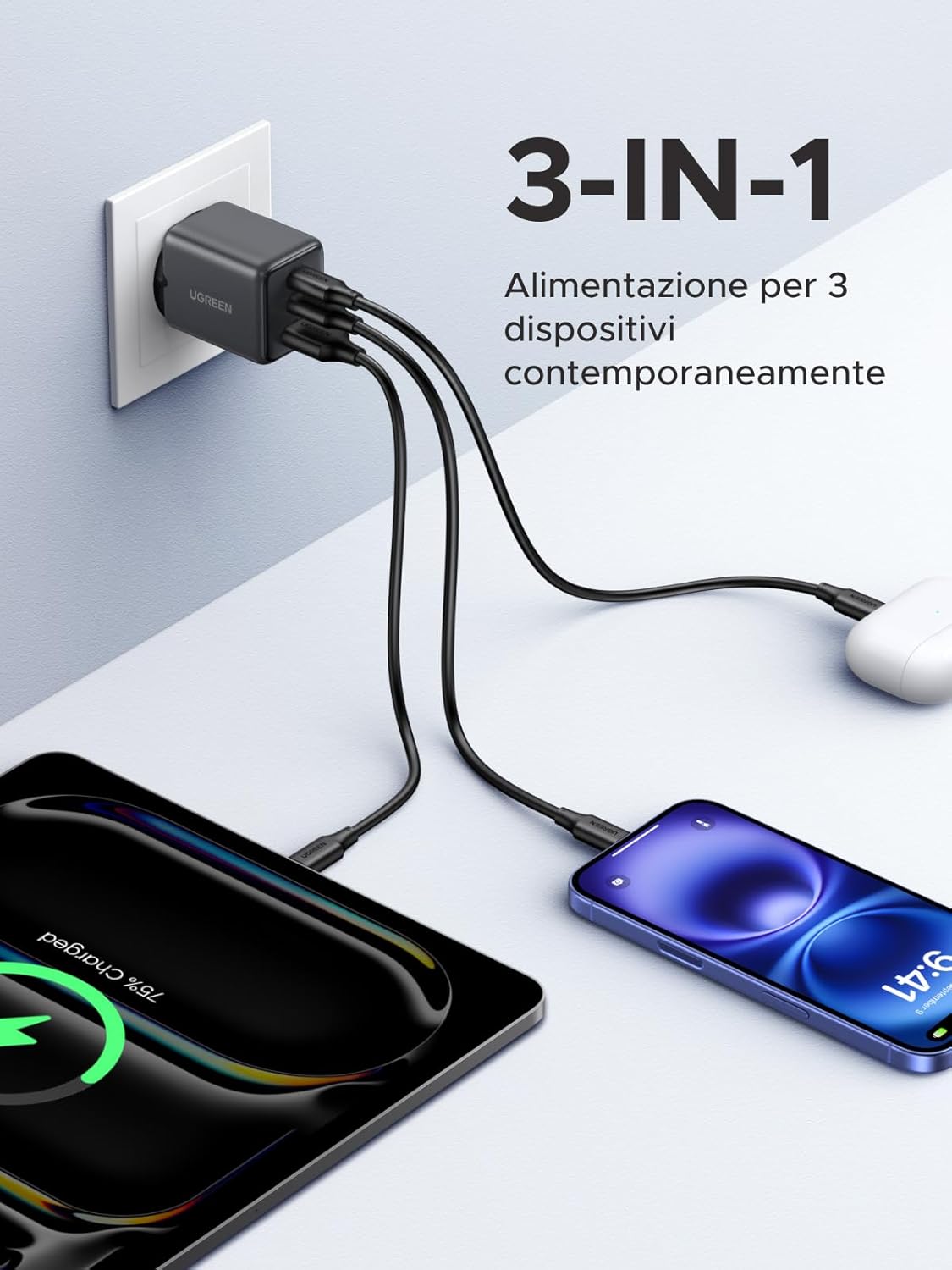 UGREEN Zapix Caricatore USB C 30W Carica Rapida GaN Alimentatore PD (Nero) | 3 porte Compatibile con iPhone 17 Pro MAX Air 16 15 Galaxy S26 S25 S24 Ultra A57 A16 Pixel 10 9 8 iPad MacBook Air Neo - ChargeCover