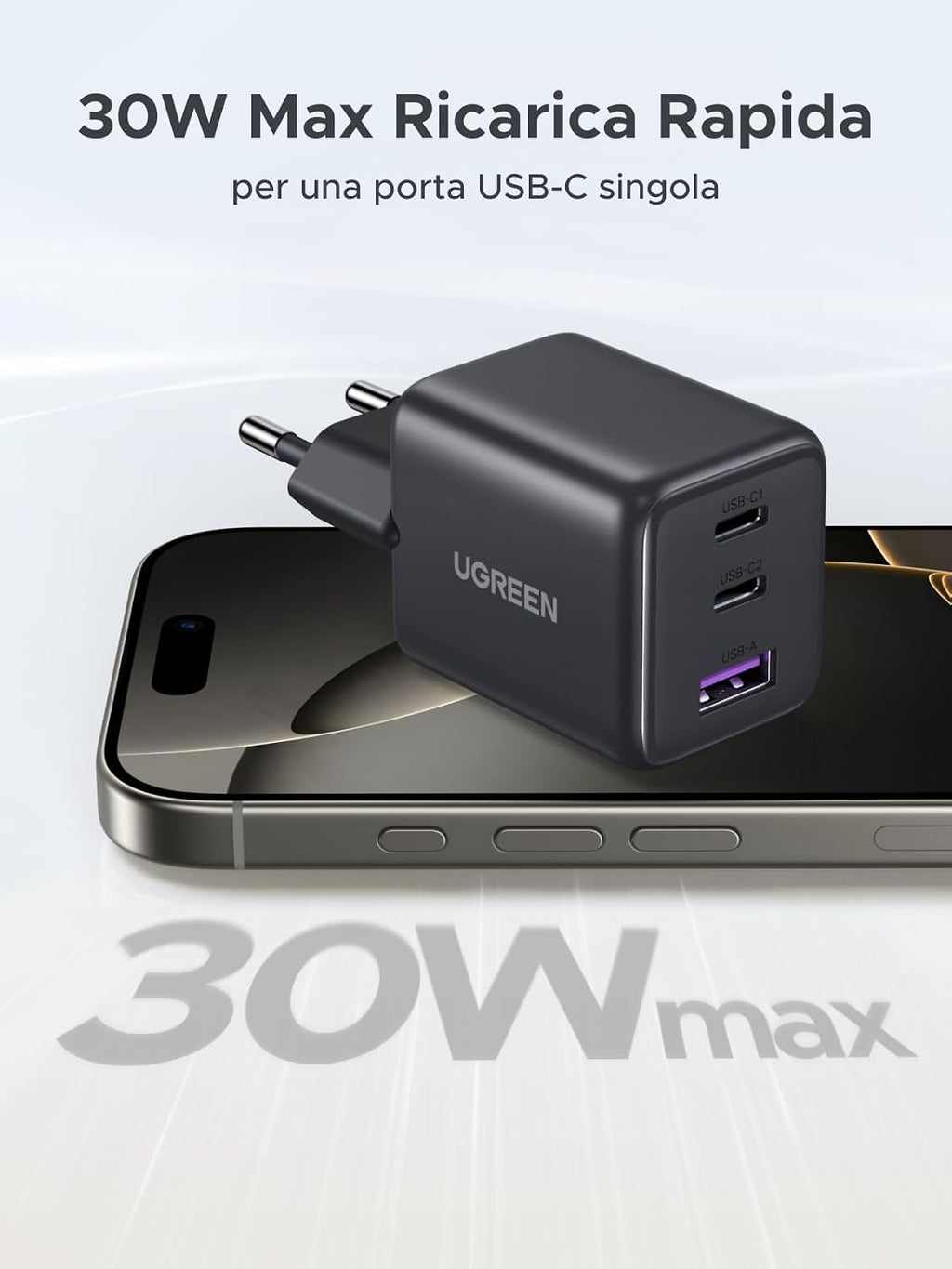 UGREEN Zapix Caricatore USB C 30W Carica Rapida GaN Alimentatore PD (Nero) | 3 porte Compatibile con iPhone 17 Pro MAX Air 16 15 Galaxy S26 S25 S24 Ultra A57 A16 Pixel 10 9 8 iPad MacBook Air Neo - ChargeCover