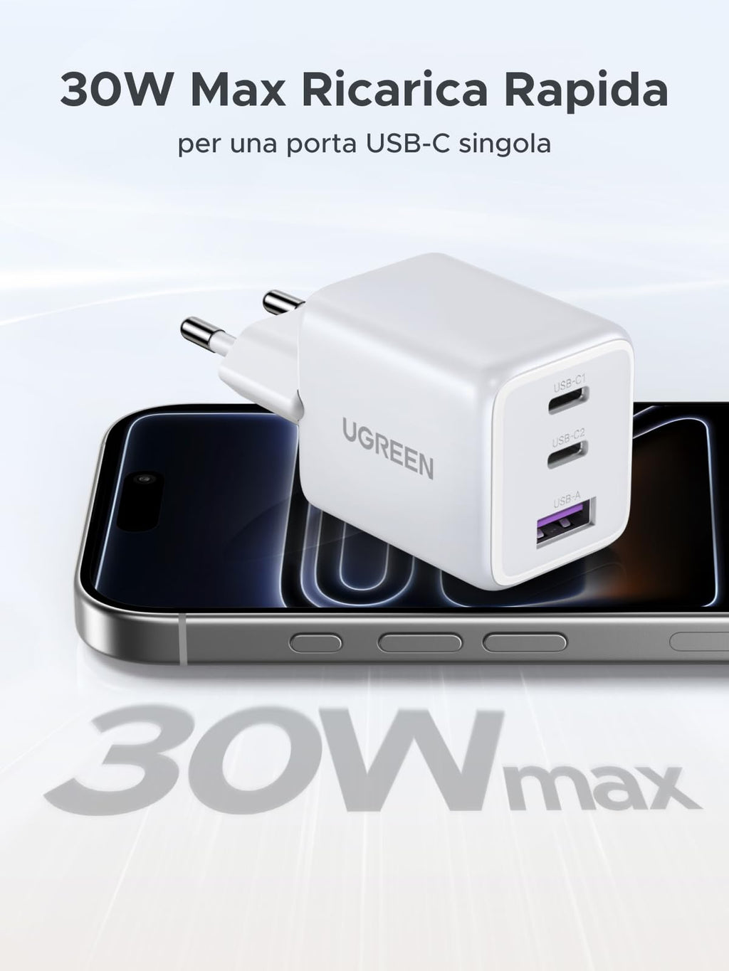 UGREEN Zapix Caricatore USB C 30W Carica Rapida GaN Alimentatore PD (Nero) | 3 porte Compatibile con iPhone 17 Pro MAX Air 16 15 Galaxy S26 S25 S24 Ultra A57 A16 Pixel 10 9 8 iPad MacBook Air Neo - ChargeCover