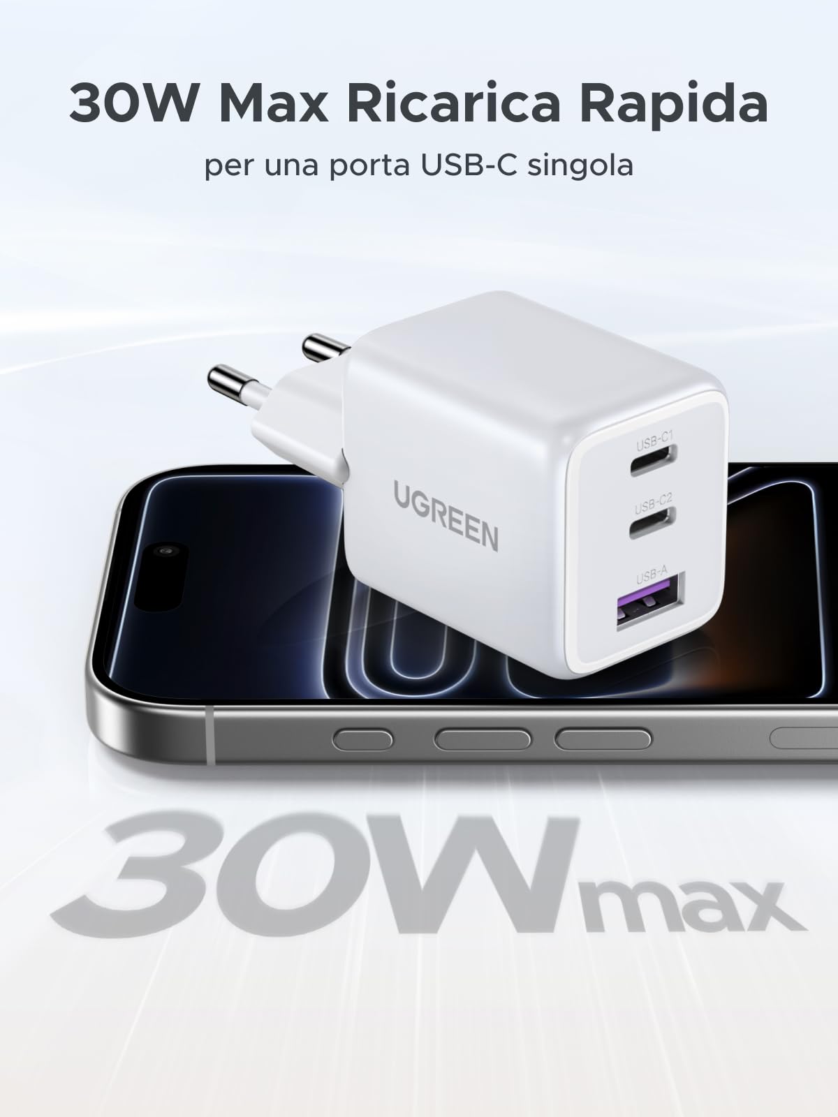 UGREEN Zapix Caricatore USB C 30W Carica Rapida GaN Alimentatore PD (Nero) | 3 porte Compatibile con iPhone 17 Pro MAX Air 16 15 Galaxy S26 S25 S24 Ultra A57 A16 Pixel 10 9 8 iPad MacBook Air Neo - ChargeCover