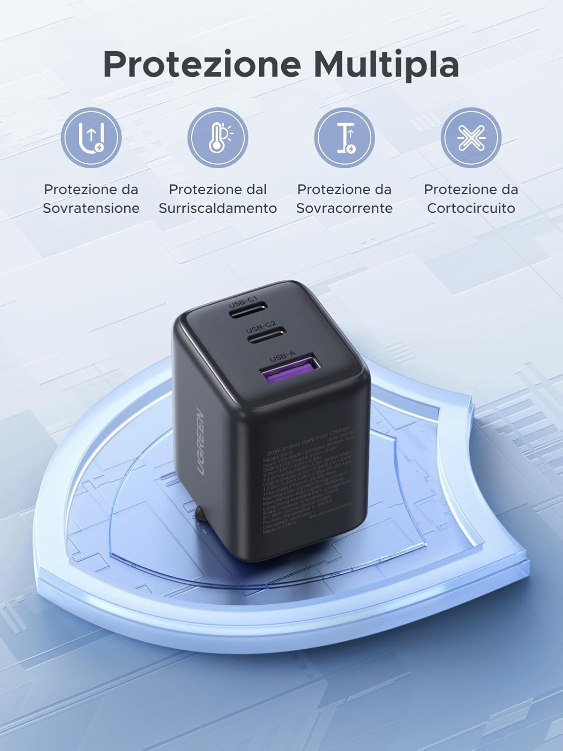 UGREEN Zapix Caricatore USB C 30W Carica Rapida GaN Alimentatore PD (Nero) | 3 porte Compatibile con iPhone 17 Pro MAX Air 16 15 Galaxy S26 S25 S24 Ultra A57 A16 Pixel 10 9 8 iPad MacBook Air Neo - ChargeCover