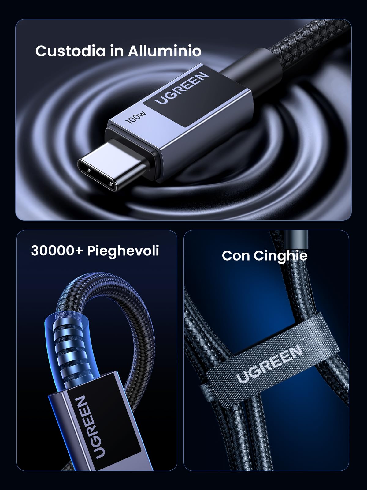 UGREEN Zapix Cavo USB C 100W PD3.0 Ricarica Rapida Nylon Intrecciato (1M) | Type C Lega di Alluminio 20V 5A, Compatibile con MacBook, iPad, iPhone 17 Pro Max Air/16/15, Galaxy S26/S25, Pixel 10/9. - ChargeCover