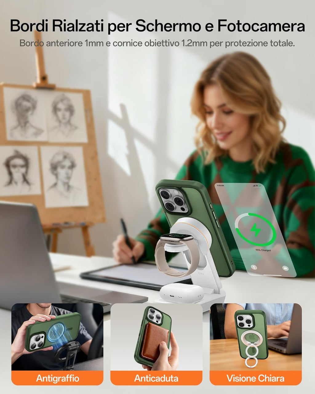 UNBREAKcable Custodia Magnetica per iPhone 16 Pro da 6,3 Pollici, Compatibile con MagSafe, Protezione Completa della Fotocamera, Custodia Sottile Antiurto e Anticaduta per Telefono - Verde Scuro - ChargeCover
